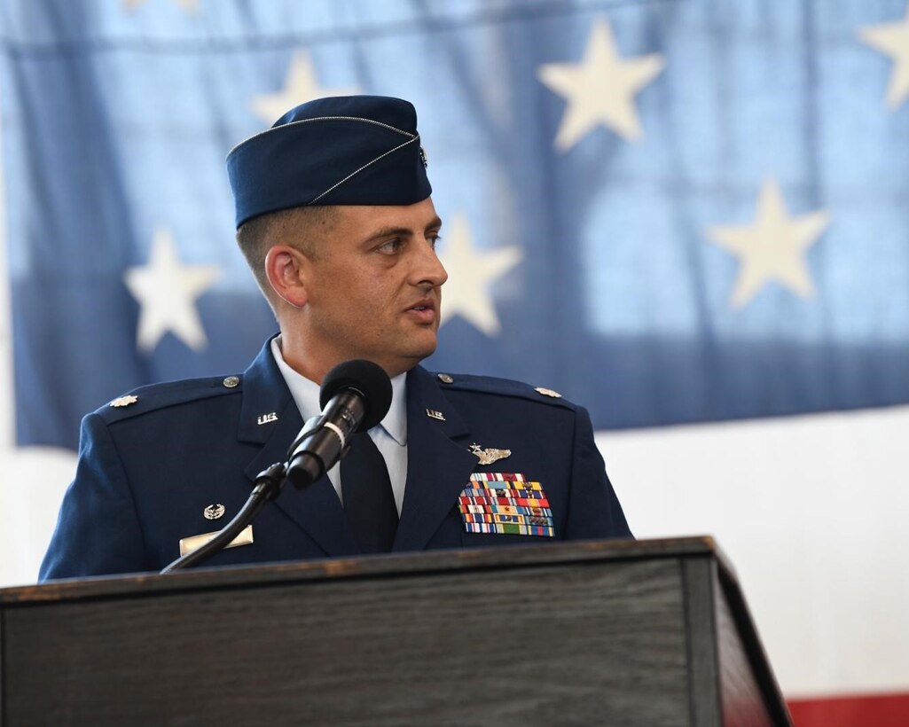 Lt. Col. Jerad Rich, the incoming 28th Operations Support Squadron commander, delivers a speech during a change of command ceremony at Ellsworth Air Force Base, S.D., July 08, 2022.