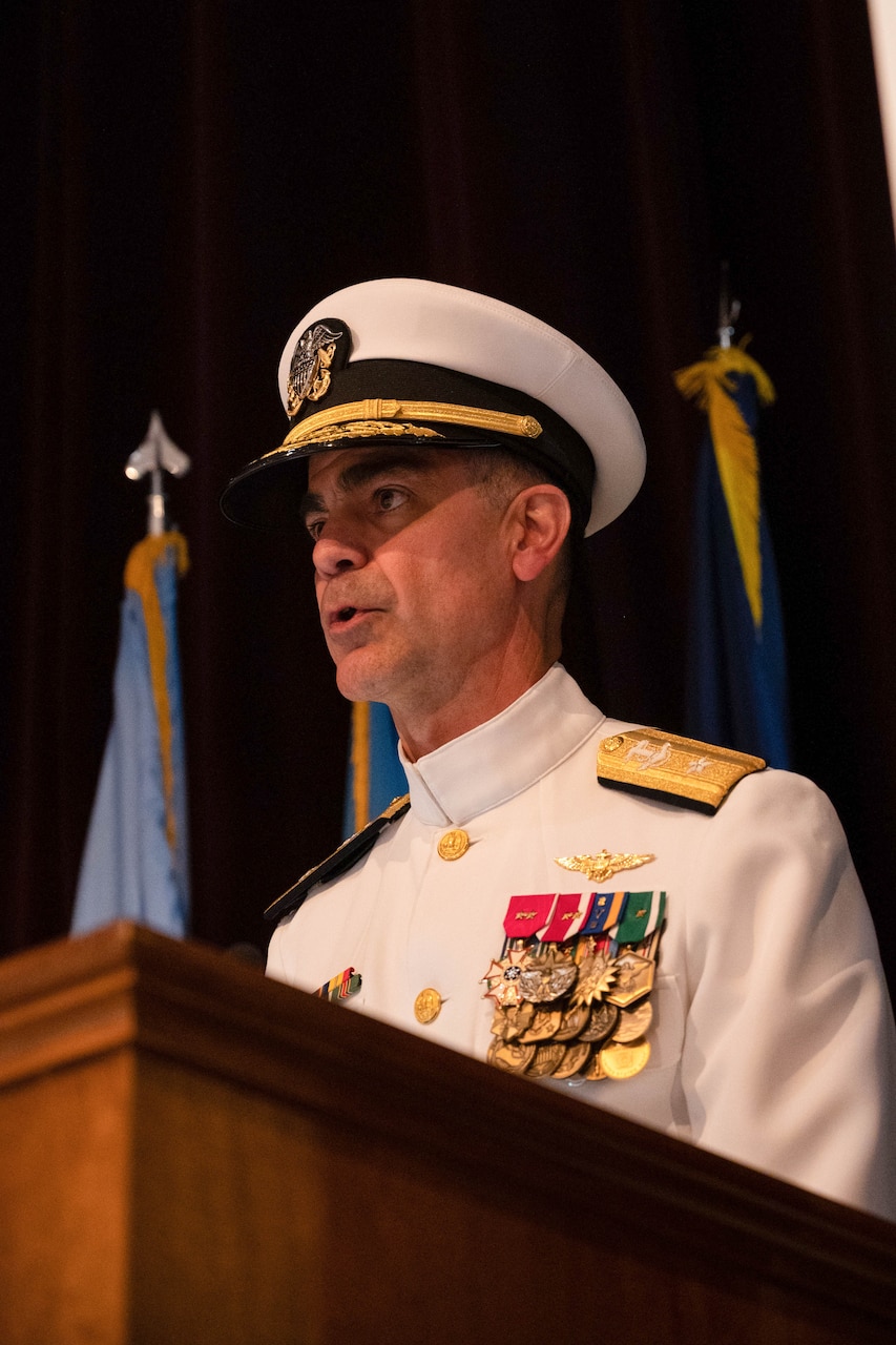 Rear Adm. Michael J. Steffen relieved Rear Adm. John A. Schommer as commander, Navy Reserve Forces Command (CNRFC) during a change of command ceremony at the Joint Forces Staff College in Norfolk, Virginia, July 11. (U.S. Navy photo by Mass Communication Specialist 2nd Class Tyra Campbell)
