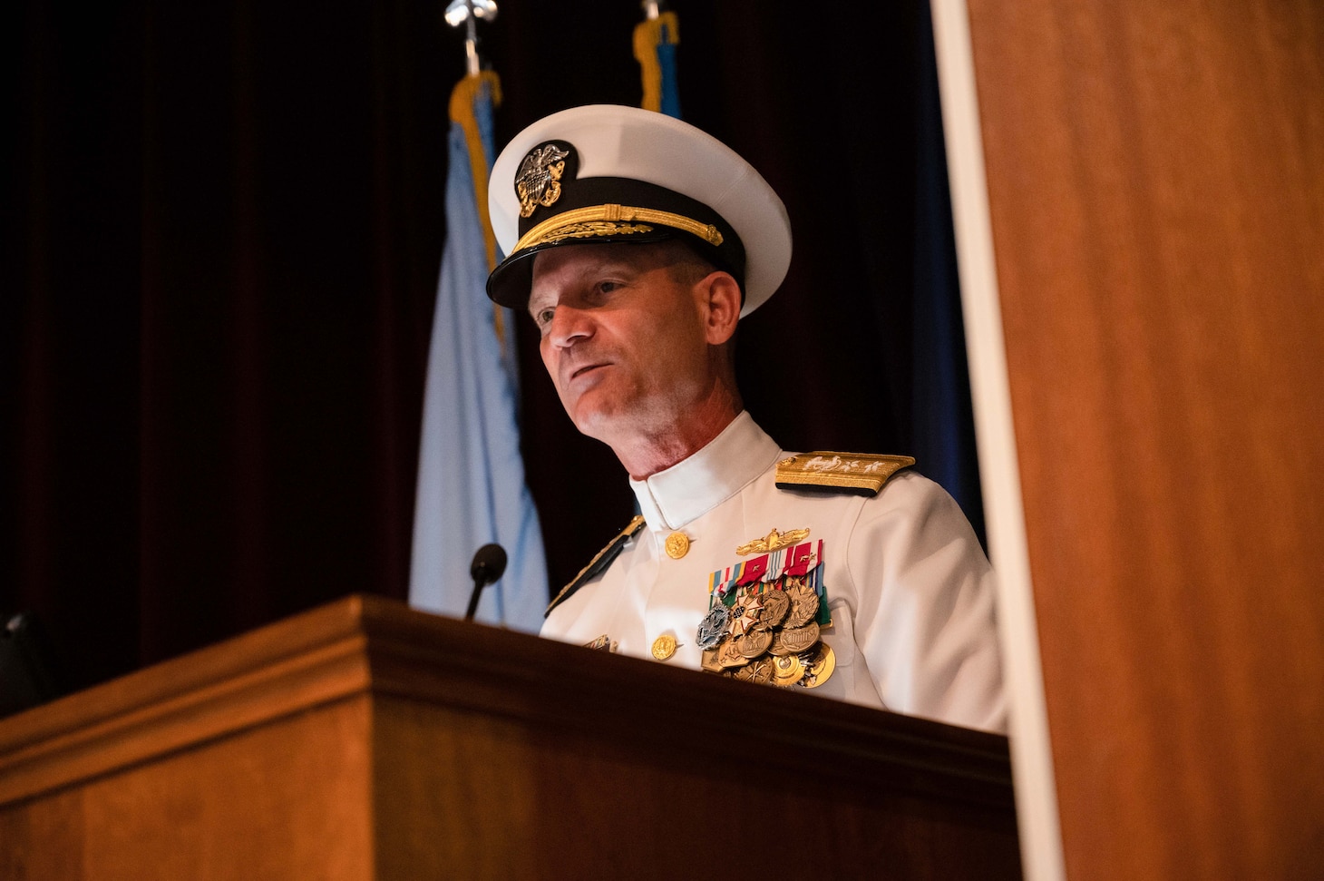 Rear Adm. Michael J. Steffen relieved Rear Adm. John A. Schommer as commander, Navy Reserve Forces Command (CNRFC) during a change of command ceremony at the Joint Forces Staff College in Norfolk, Virginia, July 11. (U.S. Navy photo by Mass Communication Specialist 2nd Class Tyra Campbell)
