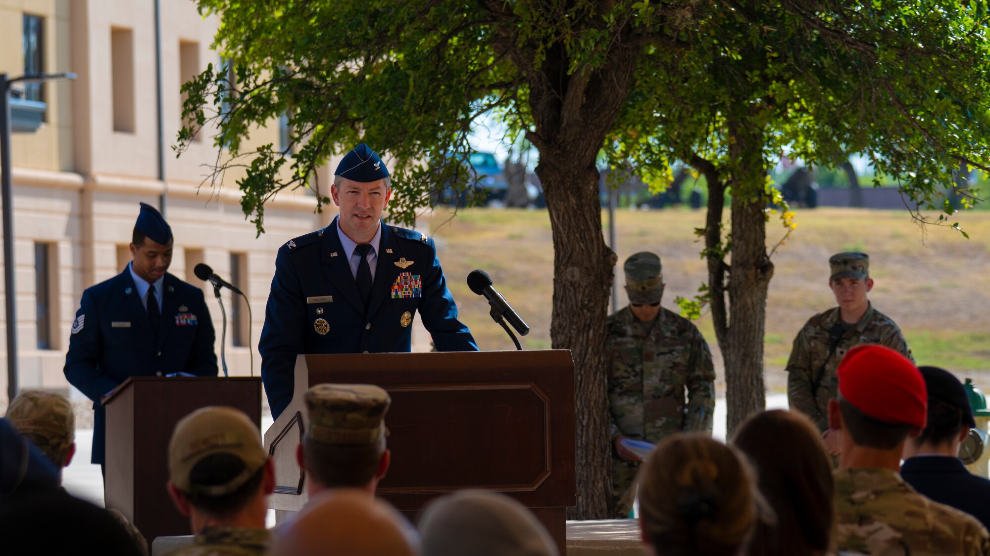 U.S. Air Force Col. Nathan Colunga, Special Warfare Training Wing commander, addresses members of the SWTW during the SWTW change of command ceremony at Joint Base San Antonio-Chapman Training Annex, Texas, July 11, 2022. Colunga comes to the SWTW from Royal Air Force Mildenhall, where he was the vice commander for the 352nd Special Operations Wing.