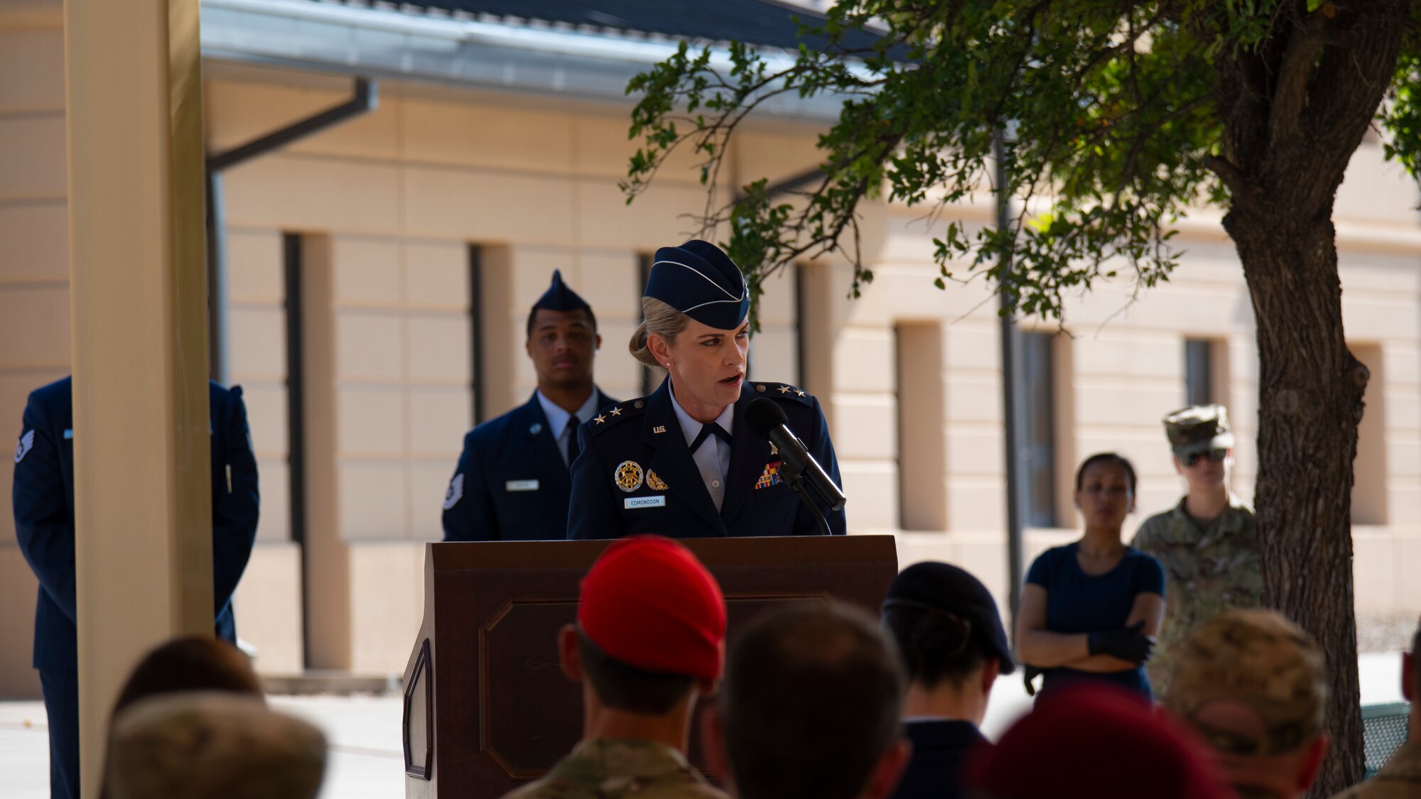 U.S. Air Force Maj. Gen. Michele Edmondson, 2nd Air Force commander and presiding officer, addresses members of the Special Warfare Training Wing during the SWTW change of command ceremony at Joint Base San Antonio-Chapman Training Annex, Texas, July 11, 2022. Col. Nathan Colunga received command of the SWTW from the outgoing commander, Col. Mason Dula.