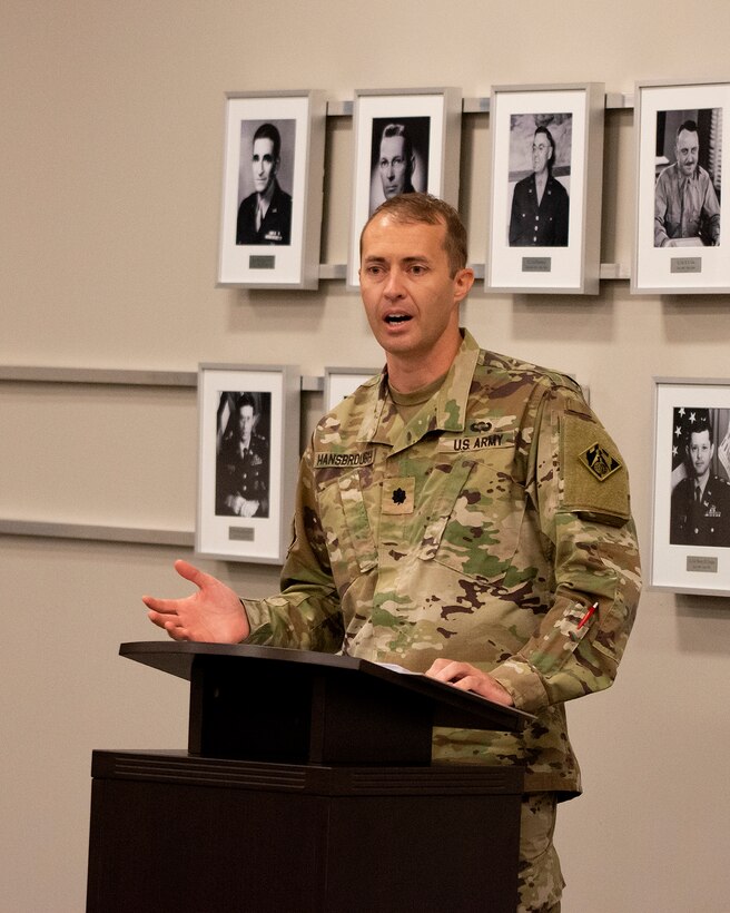 New Albuquerque District Commander Lt. Col. Jerre Hansbrough addresses the audience after assuming command of the Albuquerque District, July 7, 2022, during a change of command ceremony at the district office.