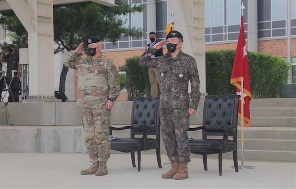 Gen. Paul J. LaCamera, Commander of United Nations Command, Combined Forces Command, and U.S. Forces Korea, hosts an honor guard ceremony to welcome Gen. Kim, Seung-kyum, Republic of Korea’s incoming chairman of the Joint Chiefs of Staff at Camp Humphreys, Republic of Korea, July 12, 2022.