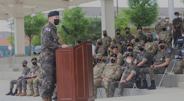 Gen. Kim, Seung-kyum, Republic of Korea’s incoming chairman of the Joint Chiefs of Staff, addresses attendants during a ceremony hosted on his behalf by Gen. Paul J. LaCamera, Commander of United Nations Command, Combined Forces Command, and U.S. Forces Korea, at Camp Humphreys, Republic of Korea, July 12, 2022.