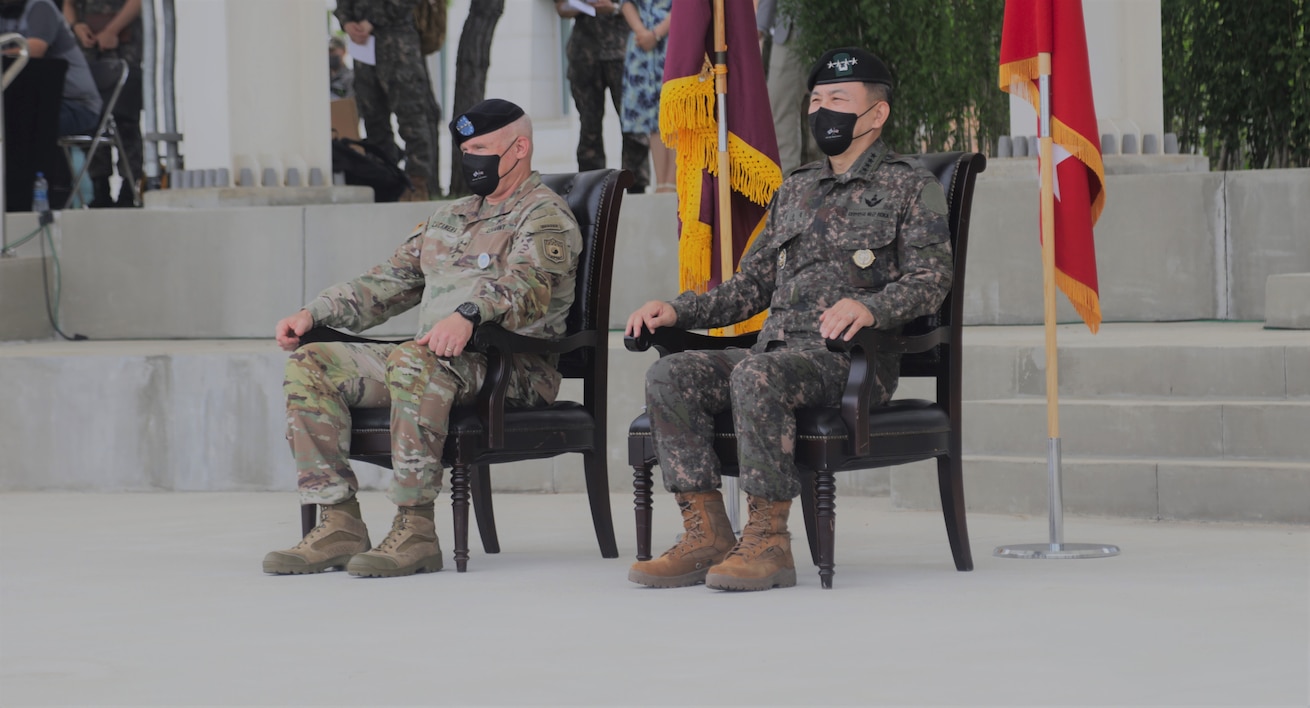 Gen. Paul J. LaCamera, Commander of United Nations Command, Combined Forces Command, and U.S. Forces Korea, hosts an honor guard ceremony to welcome Gen. Kim, Seung-kyum, Republic of Korea’s incoming chairman of the Joint Chiefs of Staff at Camp Humphreys, Republic of Korea, July 12, 2022.