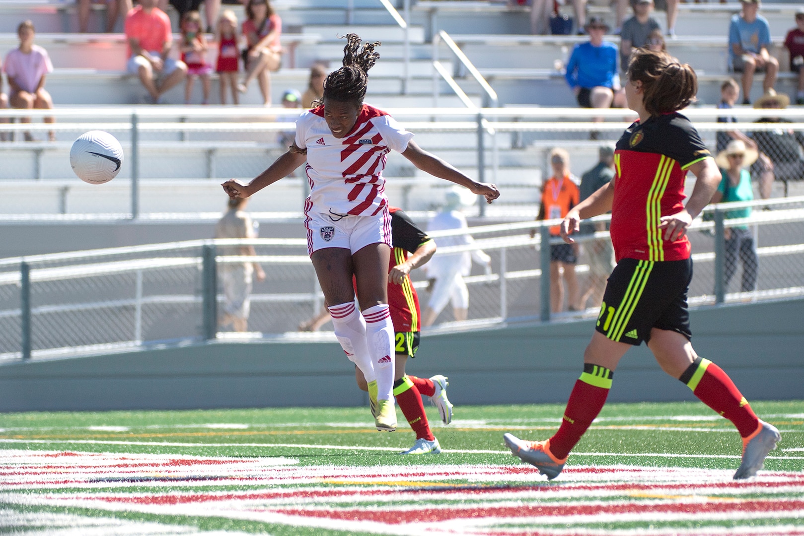 Army 1st Lt. Haley Roberson scores her first of three goals, and the first of 10 for The U.S. U.S. Armed Forces Women’s Soccer Team against Belgium in the opening match of the 13th CISM (International Military Sports Council) World Military Women’s Football Championship in Meade, Washington July 11, 2022.  (DoD photo by EJ Hersom)d