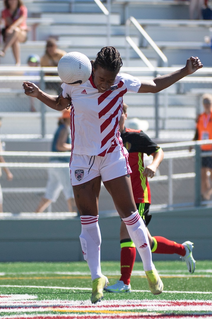 Army 1st Lt. Haley Roberson scores her first of three goals, and the first of 10 for The U.S. U.S. Armed Forces Women’s Soccer Team against Belgium in the opening match of the 13th CISM (International Military Sports Council) World Military Women’s Football Championship in Meade, Washington July 11, 2022.  (DoD photo by EJ Hersom)