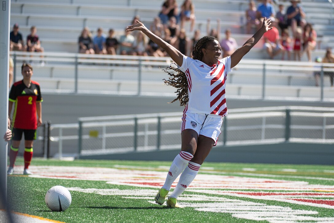 Army 1st Lt. Haley Roberson celebrates scoring her first of three goals, and the first of 10 for The U.S. U.S. Armed Forces Women’s Soccer Team against Belgium in the opening match of the 13th CISM (International Military Sports Council) World Military Women’s Football Championship in Meade, Washington July 11, 2022.  (DoD photo by EJ Hersom)