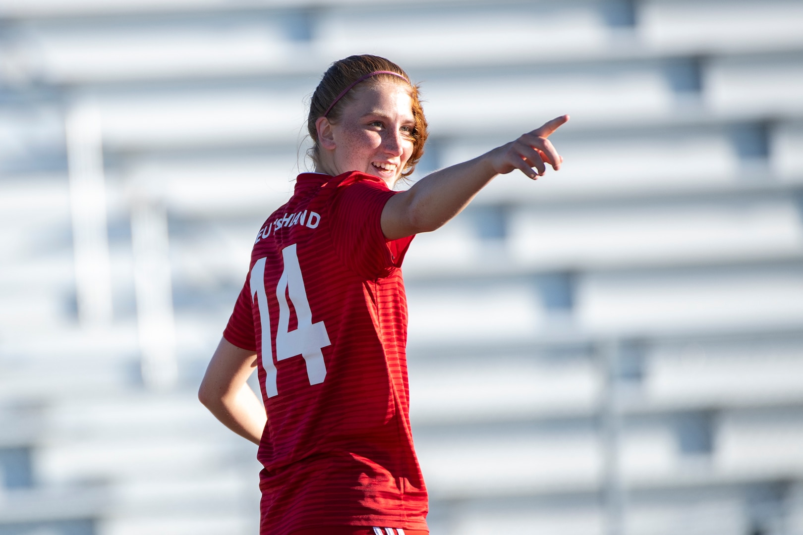 Germany’s OR-4 Sonja Bartoshek reacts to scoring her first of two goals during the second round of opening night for the  13th CISM (International Military Sports Council) World Military Women’s Football Championship in Meade, Washington July 11, 2022.  Germany beat Ireland 3-0. (DoD photo by EJ Hersom)