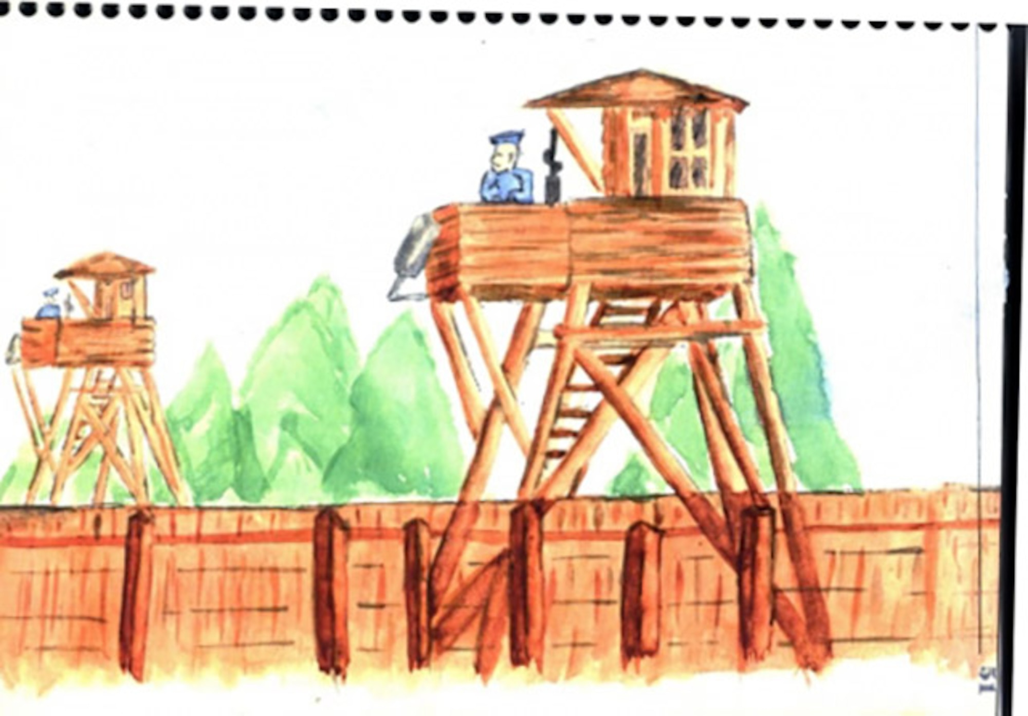 A sketch from 1st Lt Robert “Bob” Wolff, drawn during his time as a prisoner of war at Stalag Luft III during World War II, shows two of the guard towers situated on the perimeter of the camp in March 1944. Wolff was a B-17 Flying Fortress pilot with the 100th Bomb Group at Thorpe Abbotts, England.  During his time as a POW, the then-pilot drew many sketches recalling his time there, as he said, “there was nothing else to do!” A low wire was positioned about 10 to 12 feet from the double barbed wire fence around the camp, which was the beginning of a "no man’s land" which was "Verboten" (forbidden). According to Wolff, no POWs were allowed in that area – “or else …” (Photo/sketch courtesy of Bob Wolff and 100th Bomb Group Foundation website)
