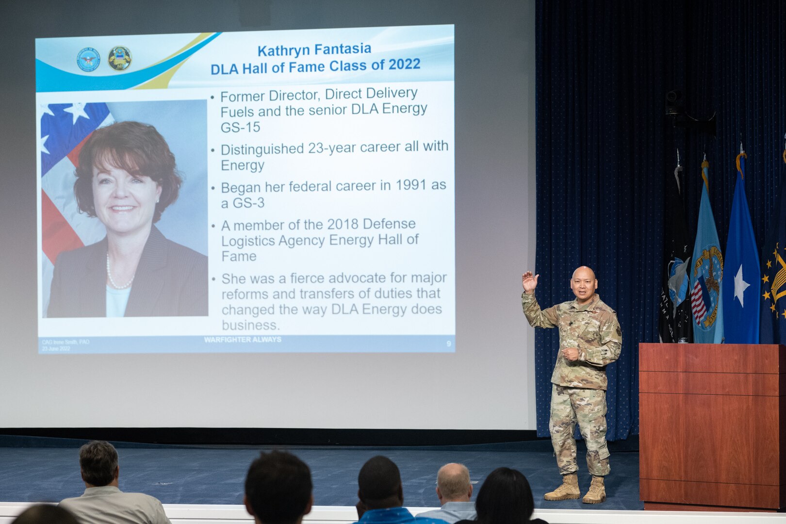 DLA Energy Commander Air Force Brig. Gen. Jimmy Canlas on stage