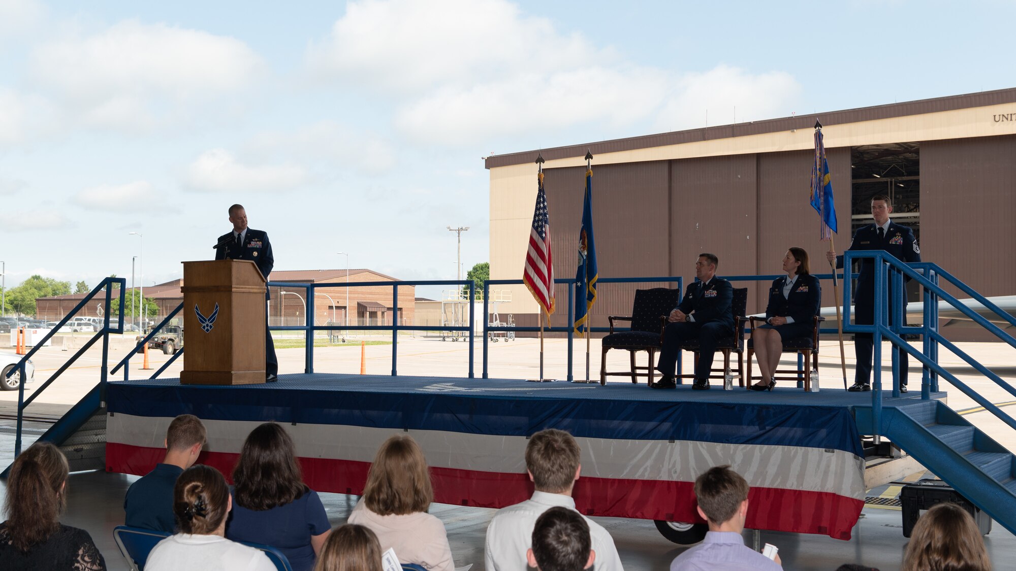 Col. Christopher Schlak speaks during the 509th Communications Squadron change of command.