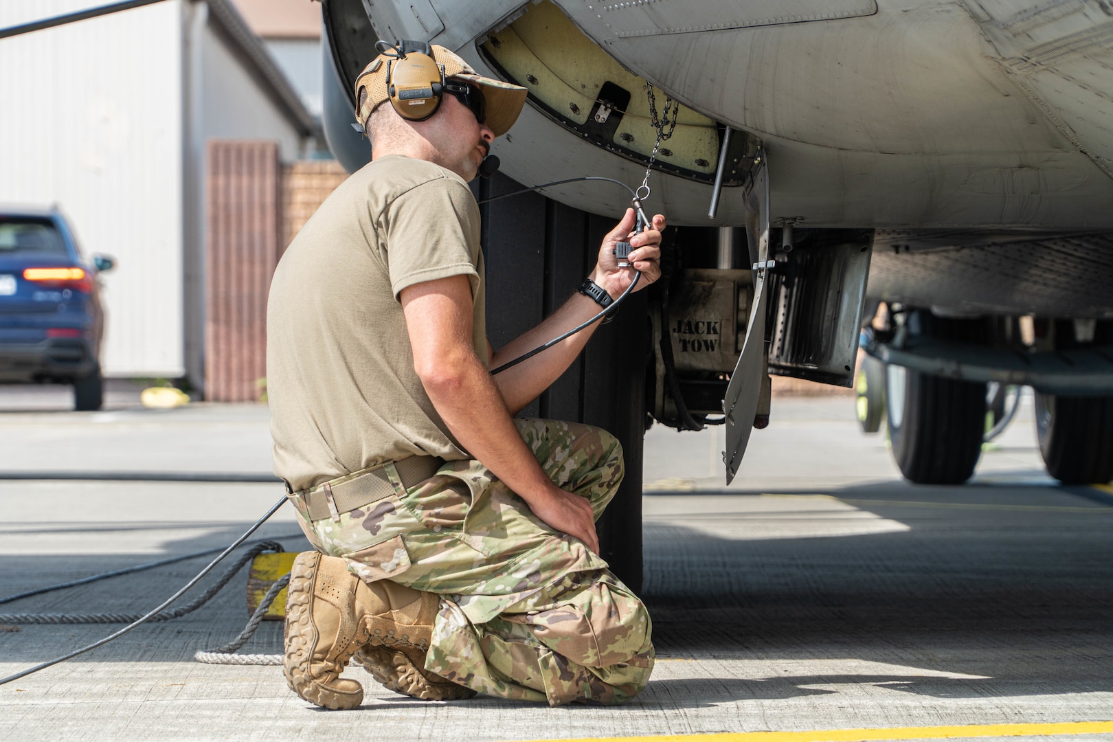 Airmen assigned to the 139th Maintenance Group, Missouri Air National Guard, perform a preflight check on a C-130 Hercules aircraft at Ramstein Air Base, Germany, June 28, 2022. The 139th Airlift Wing was the lead unit for Task Force Iron Herk II, providing airlift support for European Command’s area of responsibility.