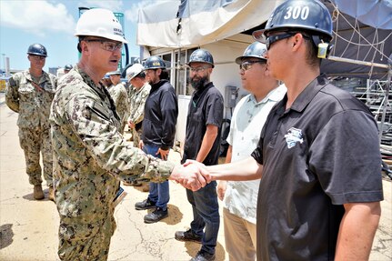 Vice Adm. Bill Galinis, Commander of Naval Sea Systems Command, visited Pearl Harbor Naval Shipyard and Intermediate Maintenance Facility in May, to assess the command’s alignment and progress on implementing the U.S. Navy’s Naval Sustainment System – Shipyard performance improvement initiatives while conducting a review of shipyard operations in Hawaii. (Official U.S. Navy photo by Marc Ayalin)