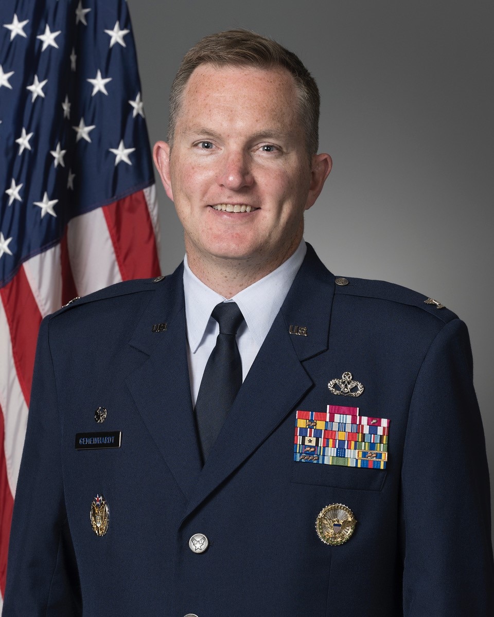 Official photo of Col. Chad Gemainhardt, 81st Mission Support Group commander, at Keesler Air Force Base, Mississippi.
