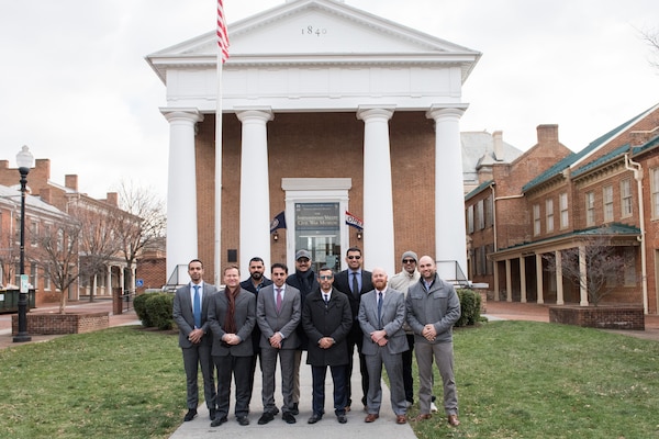 Members of the Kuwaiti Military Engineering Projects Office and program managers from the Transatlantic Middle East District post outside the historic courthouse in Winchester, Va., where the USACE District is located.