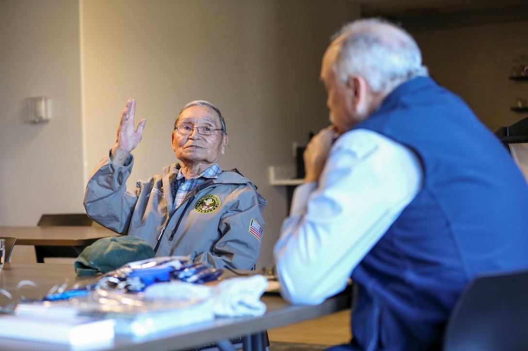 U.S. Army retired Staff Sgt. Orville Ahkinga, of Little Diomede, shares experiences from his combined 32 years of active duty and Alaska National Guard service during a state of Alaska Office of Veterans Affairs outreach event at the Aurora Inn in Nome, Alaska, July 9, 2022. The state of Alaska Office of Veterans Affairs and U.S. Department of Veterans Affairs Office of Rural Health work with rural community partners to assist eligible veterans with receiving their earned state and federal benefits. (Alaska National Guard photo by 1st Lt. Balinda O’Neal)