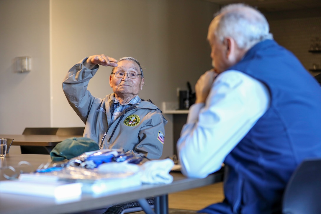 U.S. Army retired Staff Sgt. Orville Ahkinga, of Little Diomede, shares experiences from his combined 32 years of active duty and Alaska National Guard service during a state of Alaska Office of Veterans Affairs outreach event at the Aurora Inn in Nome, Alaska, July 9, 2022. The state of Alaska Office of Veterans Affairs and U.S. Department of Veterans Affairs Office of Rural Health work with rural community partners to assist eligible veterans with receiving their earned state and federal benefits. (Alaska National Guard photo by 1st Lt. Balinda O’Neal)