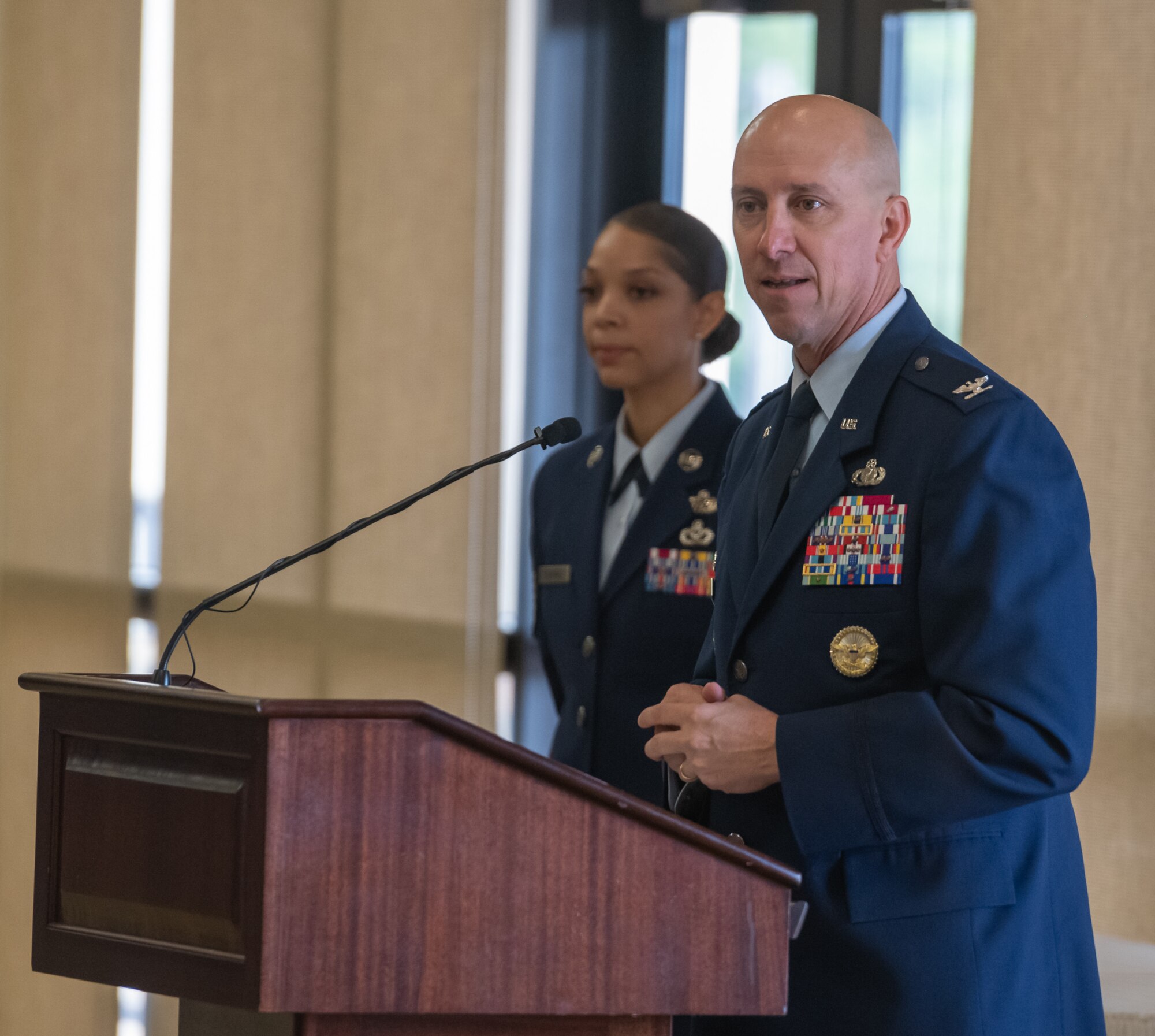 Col. Chad Gemeinhardt, 81st Mission Support Group commander, delivers remarks during the 81st MSG Change of Command ceremony at the Bay Breeze Event Center on Keesler Air Force Base, Mississippi, July 12, 2022. Gemeinhardt assumed command from Col. Ryan A. Crowley, outgoing 81st MSG commander.