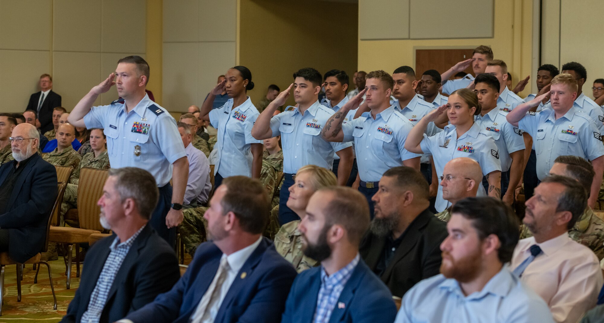 Col. Chad Gemeinhardt, 81st Mission Support Group commander, delivers remarks during the 81st MSG Change of Command ceremony at the Bay Breeze Event Center on Keesler Air Force Base, Mississippi, July 12, 2022. Gemeinhardt assumed command from Col. Ryan A. Crowley, outgoing 81st MSG commander.