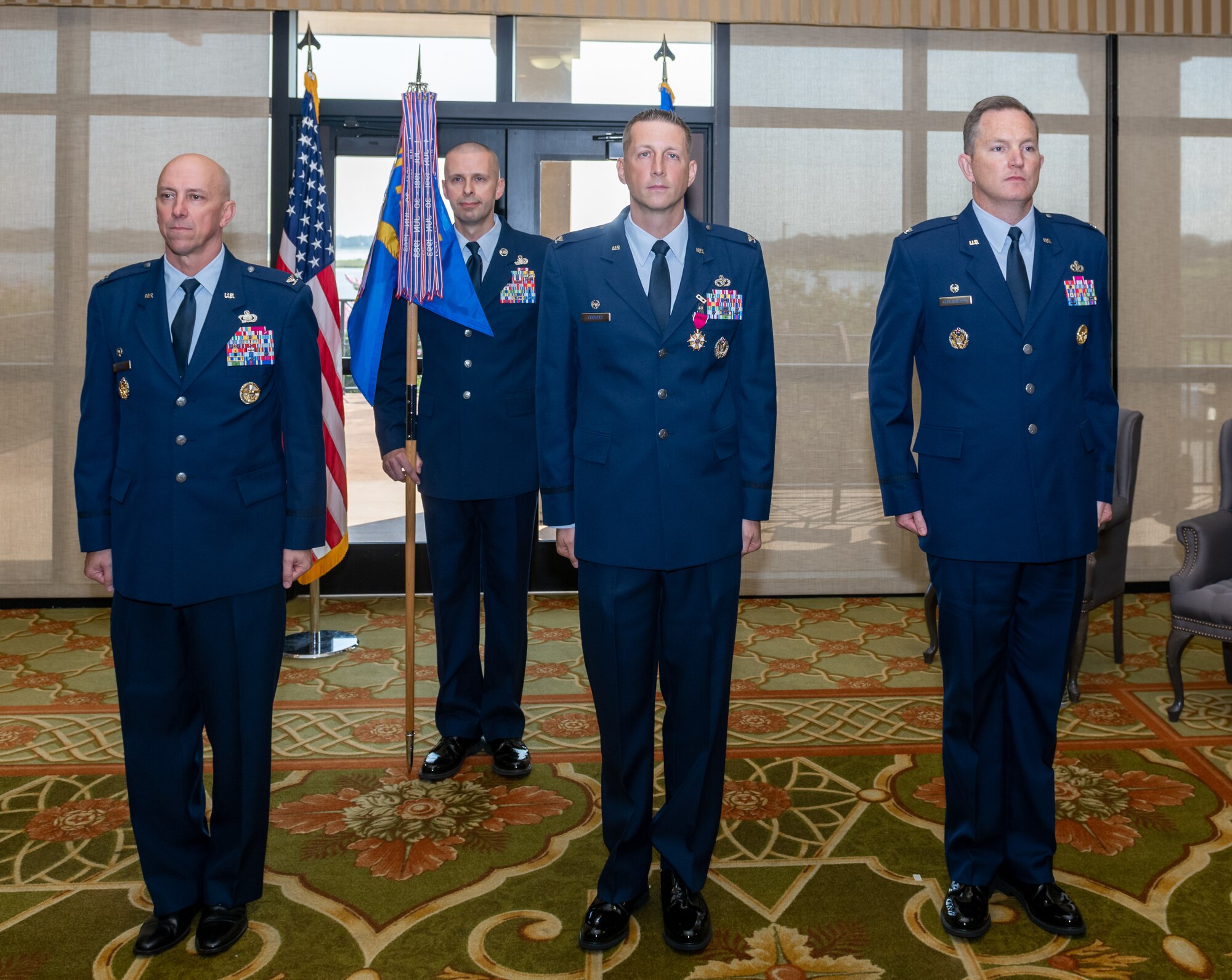 Col. Chad Gemeinhardt, 81st Mission Support Group commander, delivers remarks during the 81st MSG Change of Command ceremony at the Bay Breeze Event Center on Keesler Air Force Base, Mississippi, July 12, 2022. Gemeinhardt assumed command from Col. Ryan A. Crowley, outgoing 81st MSG commander.