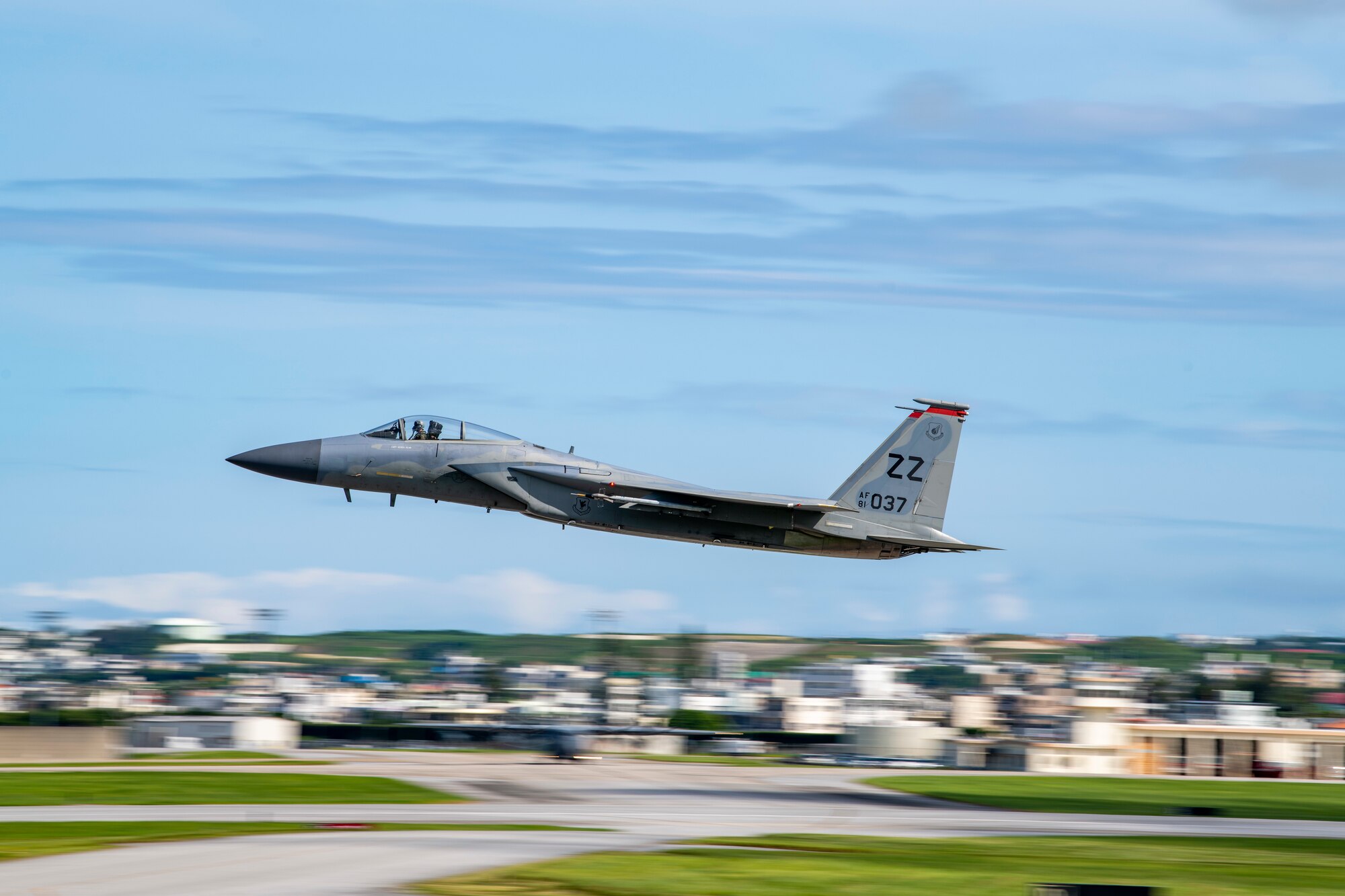 A F-15C Eagle assigned to the 44th Fighter Squadron takes off during a training mission.