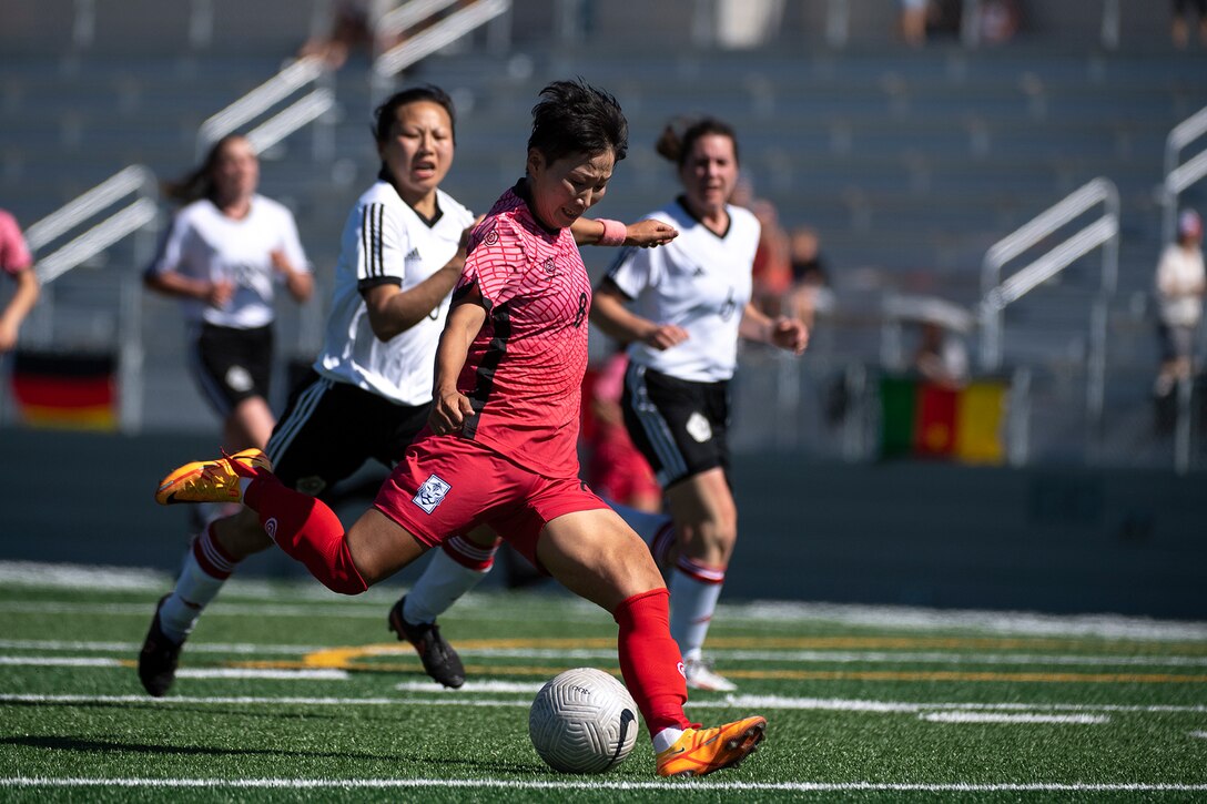 South Korea’s Nah Nul Kwon scores a penalty kick goal at the end of the first half of Korea’s game with Canada during the 13th CISM (International Military Sports Council) World Military Women’s Football Championship in Meade, Washington July 12, 2022.  Germany beat Ireland 3-0. (DoD photo by EJ Hersom)