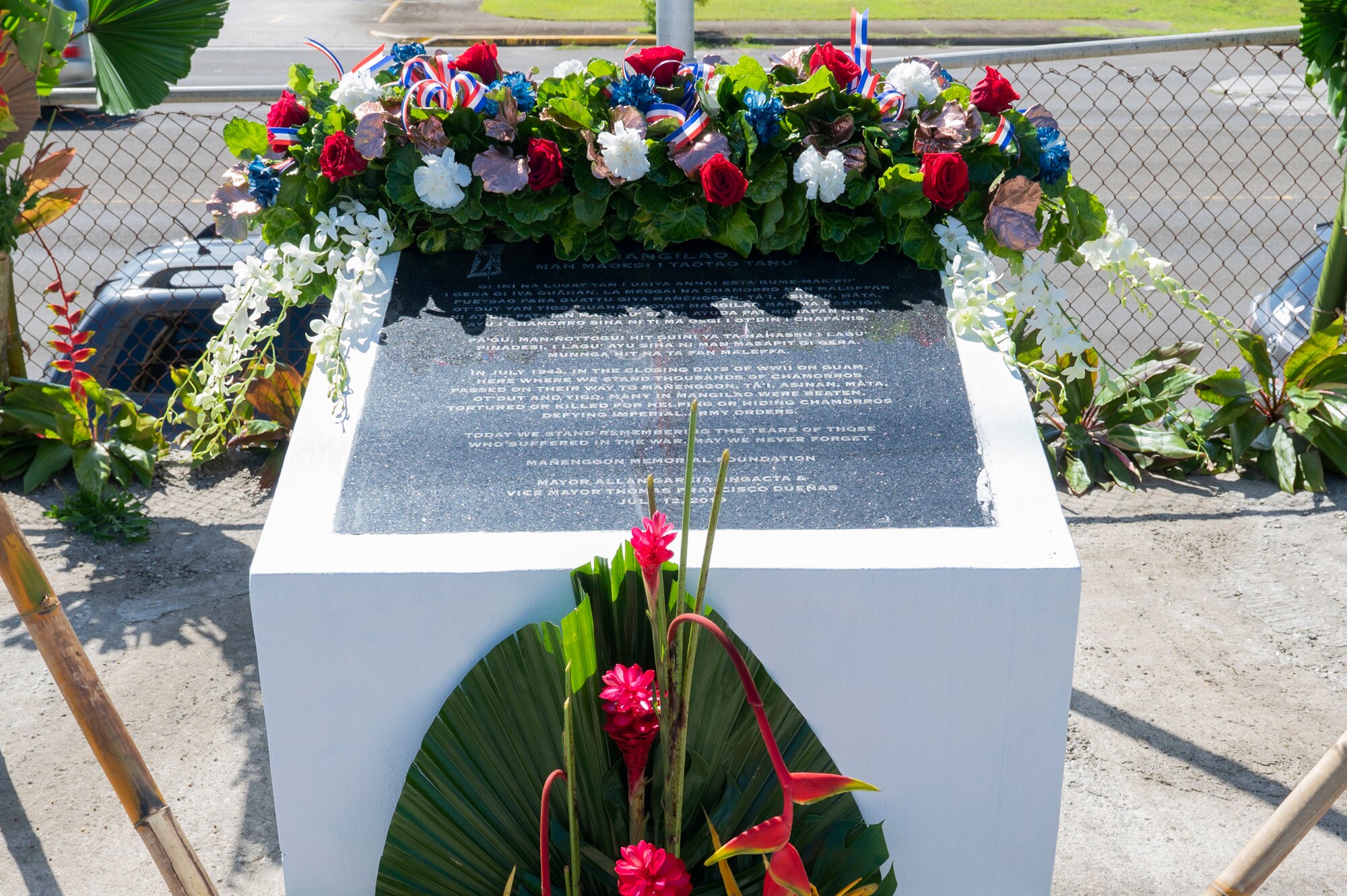 A memorial honored with a wreath.