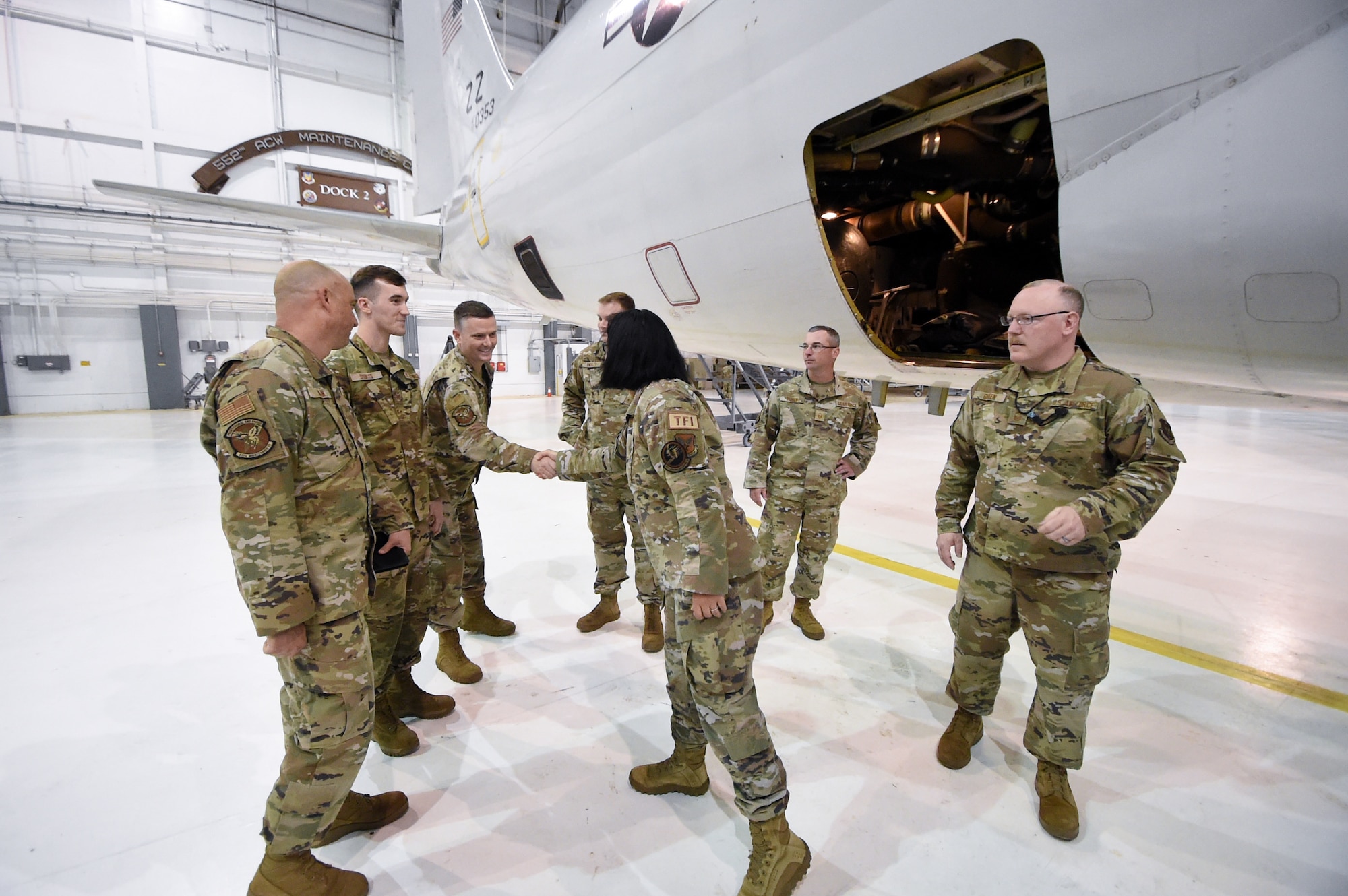 The HAF/DSI team takes a tour of the E-3 Sentry AWACS during the TFA health assessment at the 552nd Air Control Wing and 513th Air Control Group May 4, 2022.