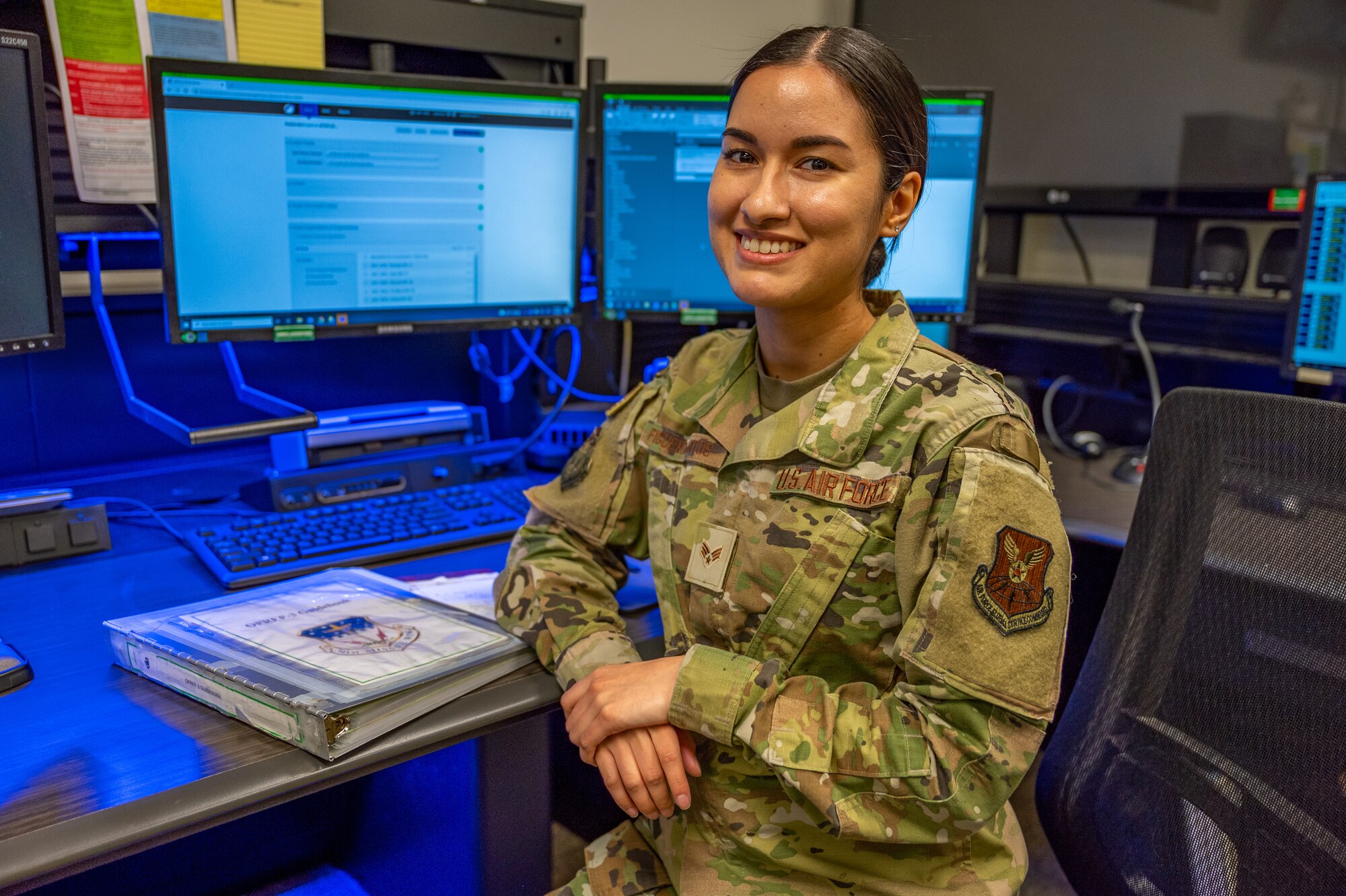 SrA Monica Figueroa Santos, 341st Missile Wing Command Post senior nuclear command and control emergency actions controller, poses for a photo July 6, 2022 at Malmstrom Air Force Base, Mont.