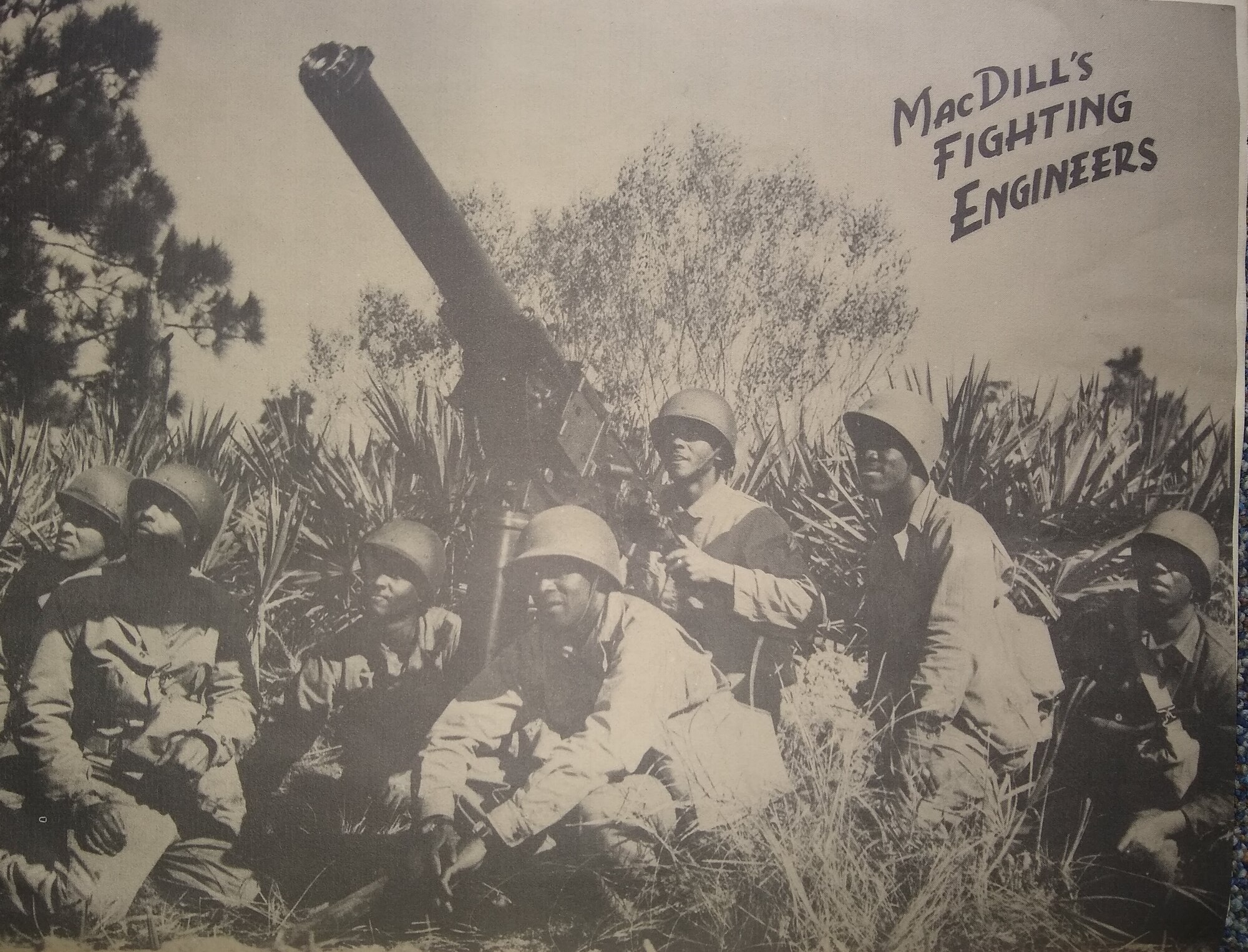 U.S. Army Air Corps African American “Fighting Engineers” at MacDill Air Force Base, Florida, are shown in a World War II-era photograph. These expeditionary service members built and sustained airfields needed to advance Allied airpower from the shores of the continental United States to Tokyo and Berlin by the end of WWII. A heritage marker installed by the 6th Civil Engineer Squadron June 24, 2022, identifies the location of the “Black Troops” service area on MacDill AFB at the current Army and Air Force Exchange Service Main Exchange Mall Building 925A. The heritage marker is one of twelve markers on MacDill AFB and South Tampa where base personnel can learn more about all eras of base history. (U.S. Air Force photo)