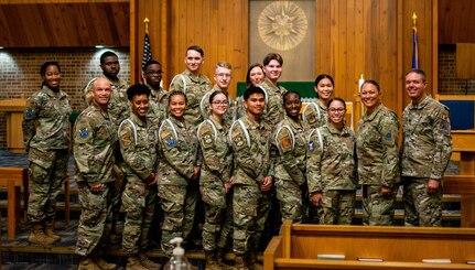 Leadership from Space Base Delta 1 and the chapel on Peterson Space Force Base join the second-ever class of the SBD 1 Chaplain Corps’ White Rope Leadership Program, Flight 22 Bravo, at their induction ceremony at Peterson SFB, Colorado, July 8, 2022. White Ropes provide the Chaplain Corps additional liaisons and points of contact within the Peterson SFB, Schriever Space Force Base and Cheyenne Mountain Space Force Station communities, aiding the Corps’ mission to ensure spiritual and mental fitness across the Front Range. (U.S. Space Force photo by Fiona Truant)