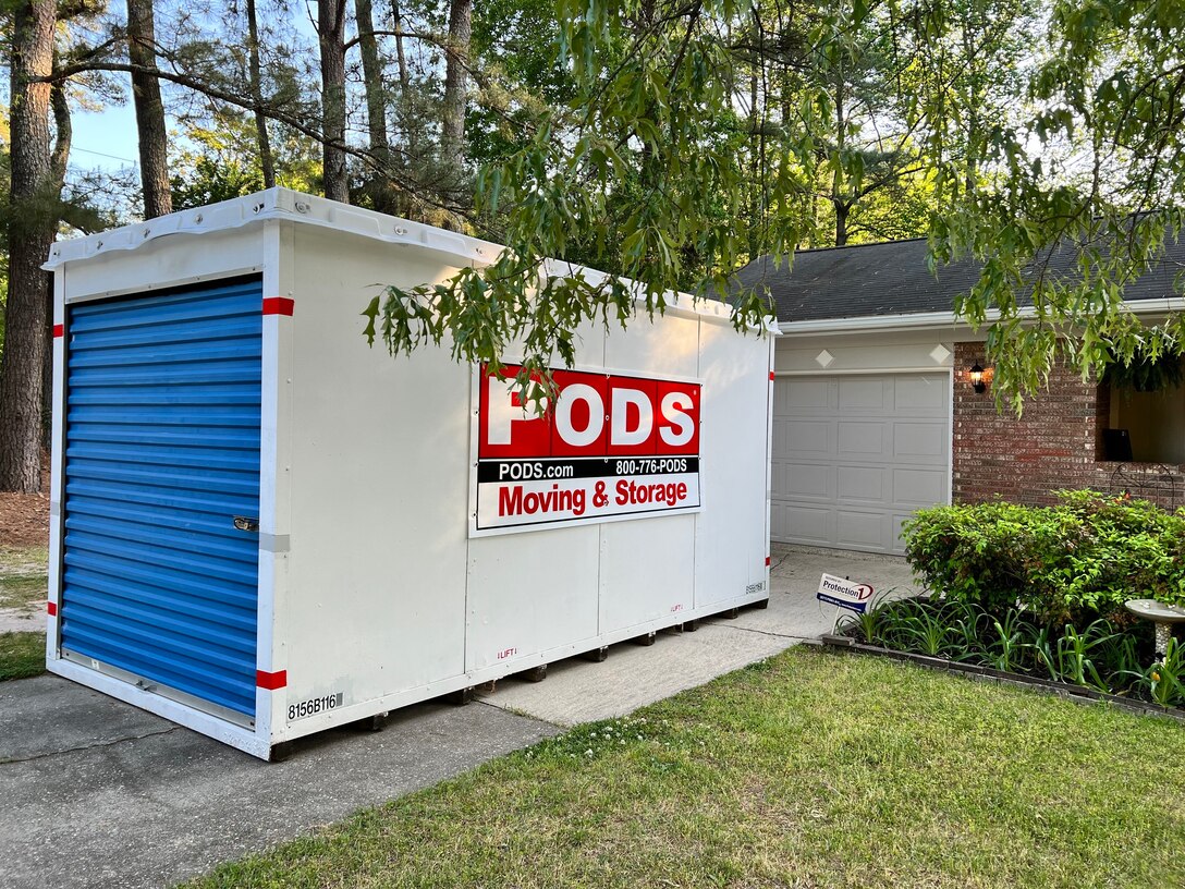A pod storage unit staged for a household move