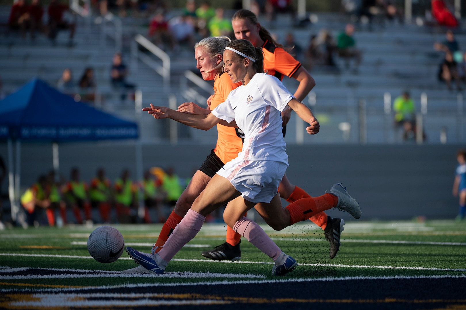 France’s Morgan Duporge makes a scoring drive during a game against Netherlands in the 13th CISM (International Military Sports Council) World Military Women’s Football Championship in Meade, Washington July 12, 2022. (DoD photo by EJ Hersom)