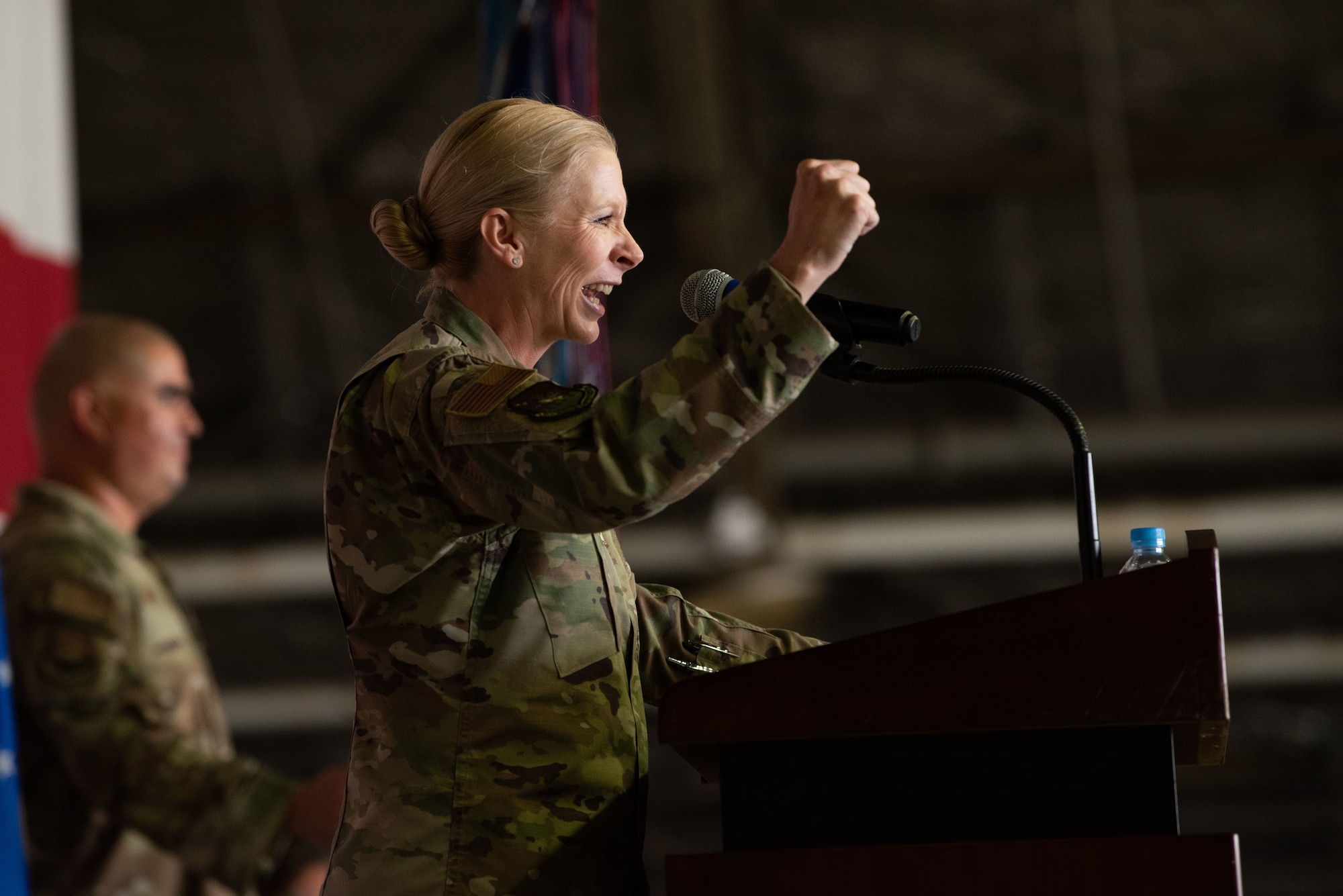 Col. Jonelle Eychner, 51st Mission Support Group outgoing commander, gives closing remarks during the 51st MSG change of command ceremony at Osan Air Base, Republic of Korea, July 13, 2022.