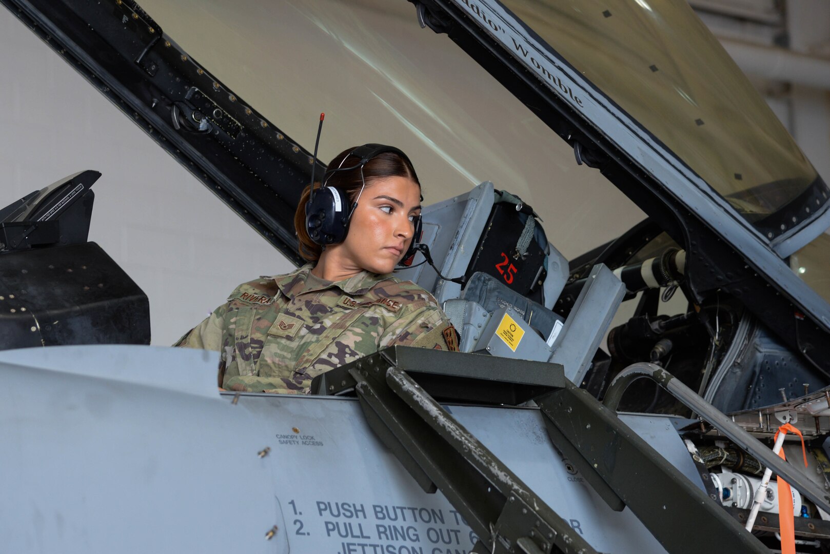 Staff Sgt. Tatiana Rivera, noncommissioned officer in charge with the 177th Force Support Squadron, participates in the Maintainer for a Day program hosted by the 177th Maintenance Squadron June 24, 2022, at the 177th Fighter Wing, Egg Harbor Township, New Jersey. The program provided non-aircraft maintenance Airmen with hands-on experience in the aircraft maintenance career field working on F-16 fighter jets.