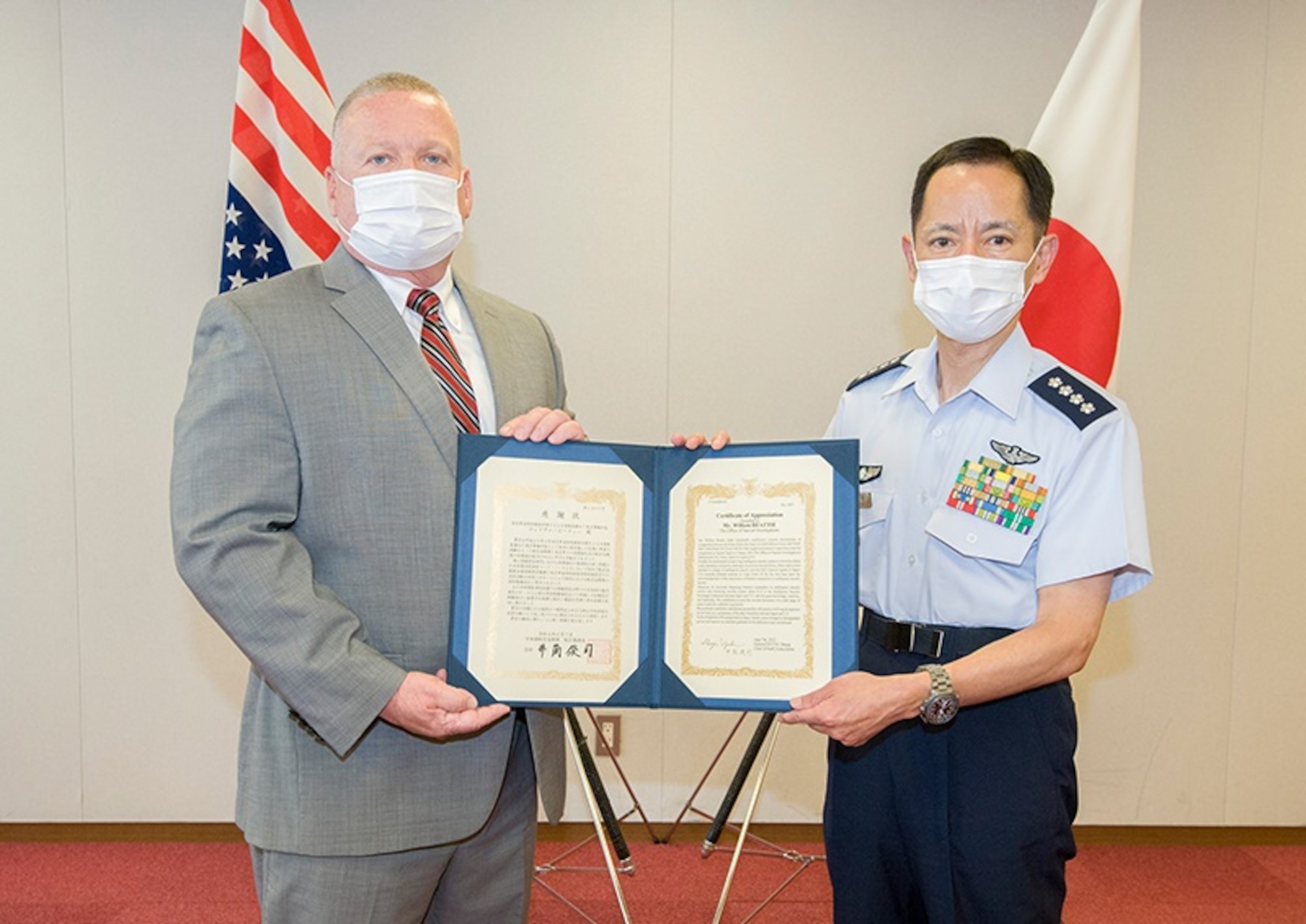 Special Agent Bill Beattie, OSI Field Investigations Region 6, Detachment 622, Tokyo, Japan, was formally recognized by General Shunji “Bert” Izutsu, Chief of Staff, Japanese Air Self Defense Force, during a presentation ceremony where he was awarded Japan’s Defense Cooperation Award (Second Class) July 2022. (Photo courtesy JASDF)