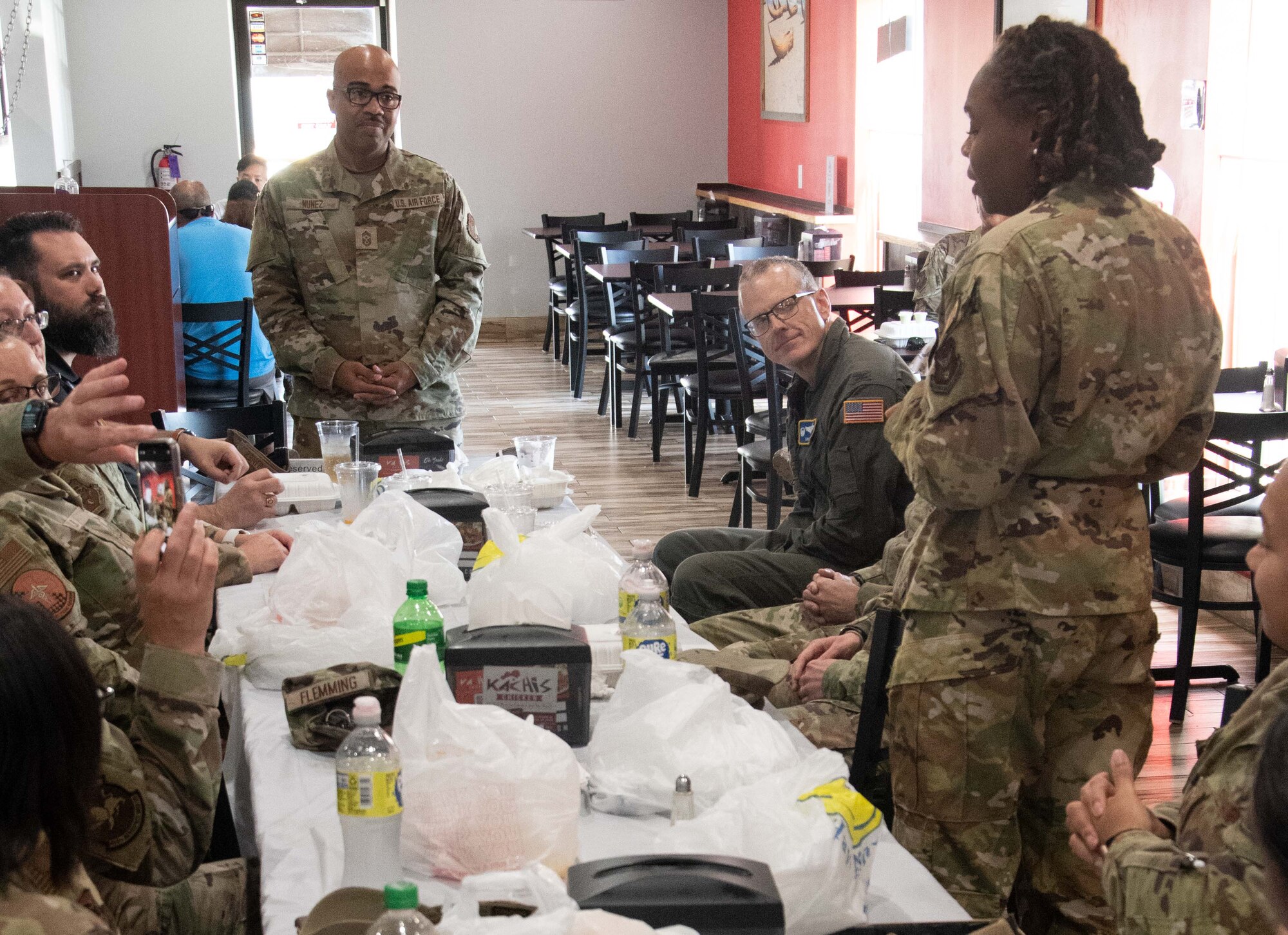 The 459th Air Refueling Wing says farewell to its Command Chief, Chief Master Sgt. Israel Nunez during his farewell lunch in Camp Springs, Md., July 13, 2022. Chief Nunez took on this position here in January 2021, but has now been tapped to lead Fourth Air Force's enlisted corps as the Fourth Air Force Command Chief.