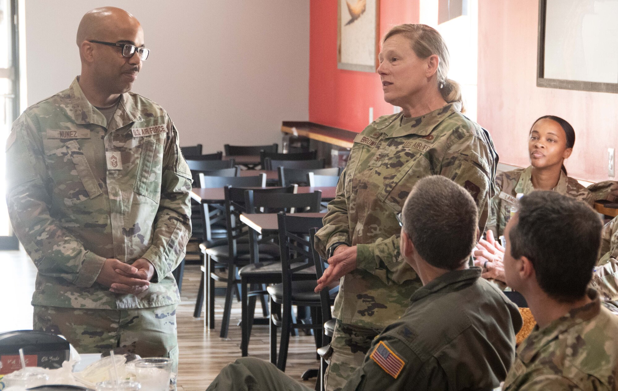 The 459th Air Refueling Wing says farewell to its Command Chief, Chief Master Sgt. Israel Nunez during his farewell lunch in Camp Springs, Md., July 13, 2022. Chief Nunez took on this position here in January 2021, but has now been tapped to lead Fourth Air Force's enlisted corps as the Fourth Air Force Command Chief.