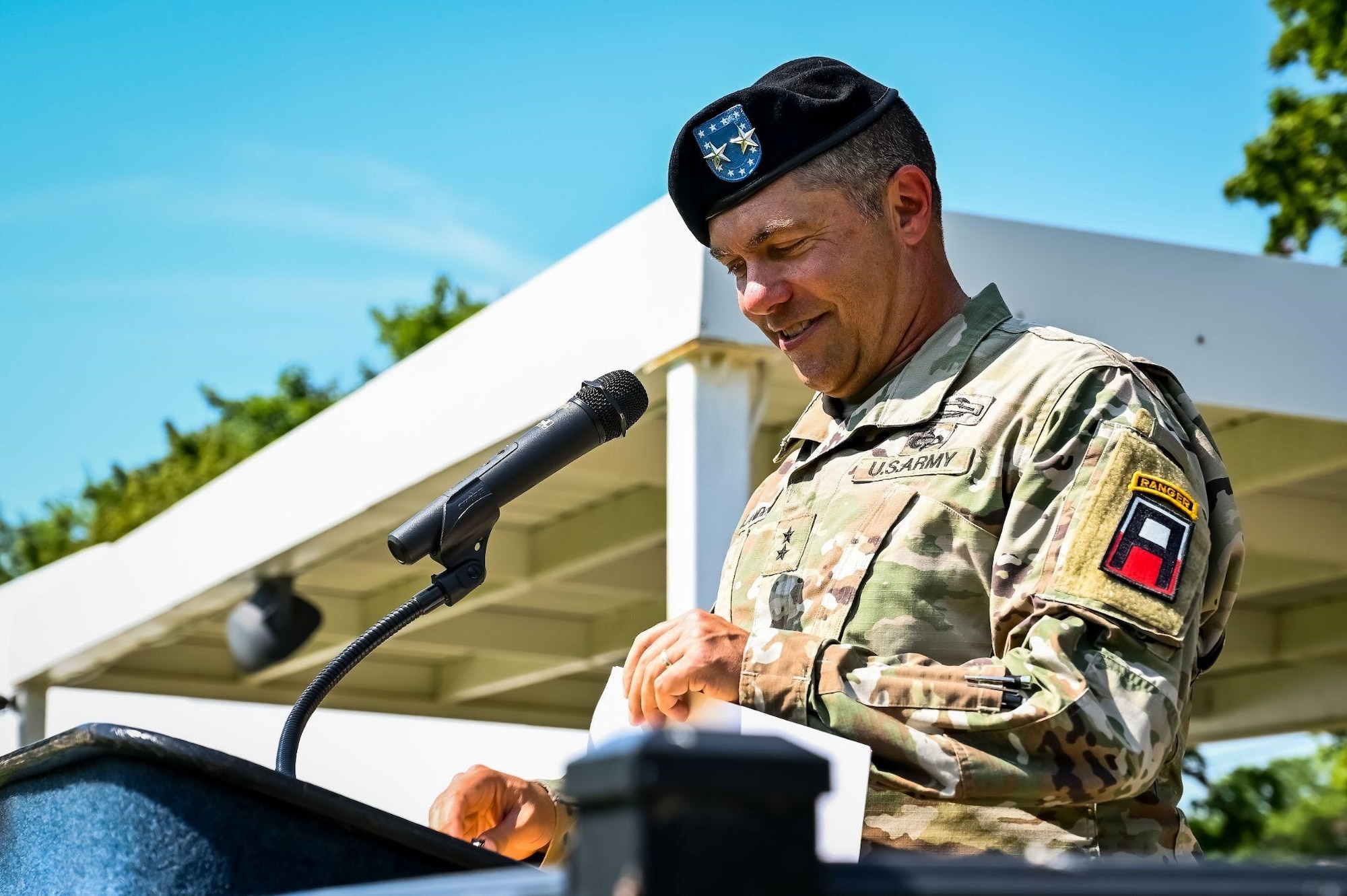U.S. Army Maj. Gen. Mark Landes, First Army East Division commander, addresses the audience during a change of command ceremony for the 174th Infantry Brigade on 13 July, 2022 at Joint Base McGuire-Dix-Lakehurst N.J. The 174th Infantry Brigade is responsible for preparing soldiers of the U.S. Army Reserve and National Guard for deployment through battle training in maneuvers, equipment, and other details. (U.S. Air Force photo by Senior Airman Matt Porter)
