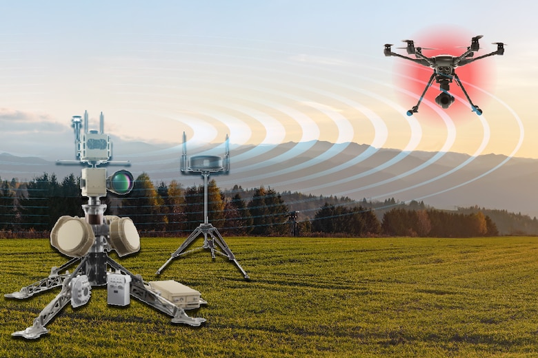 Program Executive Officer Land Systems recently started fielding the Installation-Counter small Unmanned Aircraft Systems, depicted in this simulated graphic, to select Marine Corps installations. I-CsUAS is designed to protect critical assets at Marine Corps installations by detecting, identifying, tracking and defeating small unmanned aircraft systems, such as commercially-available drones. (U.S. Marine Corps graphic by Andrew Reynolds)