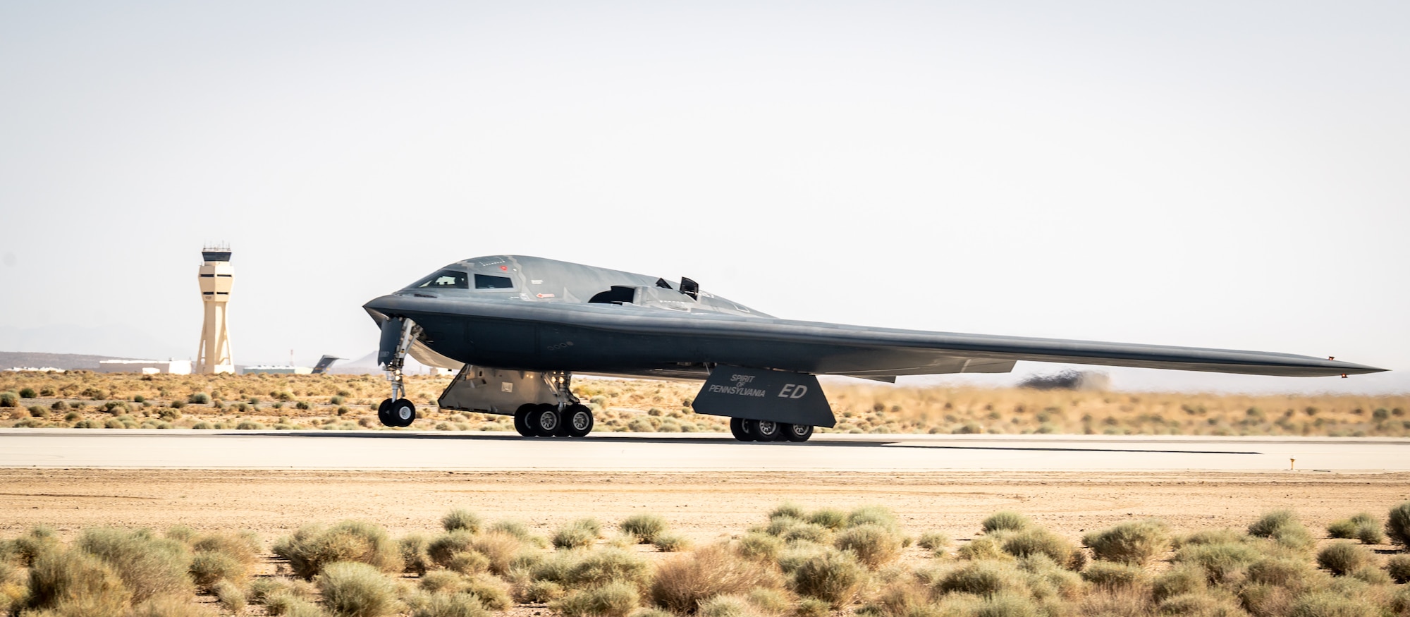 The B-2 Spirit of Pennsylvania takes off from Edwards Air Force Base, California, enroute to Whiteman Air Force Base, Missouri, June 14, for maintenance. (Air Force photo by Giancarlo Casem)