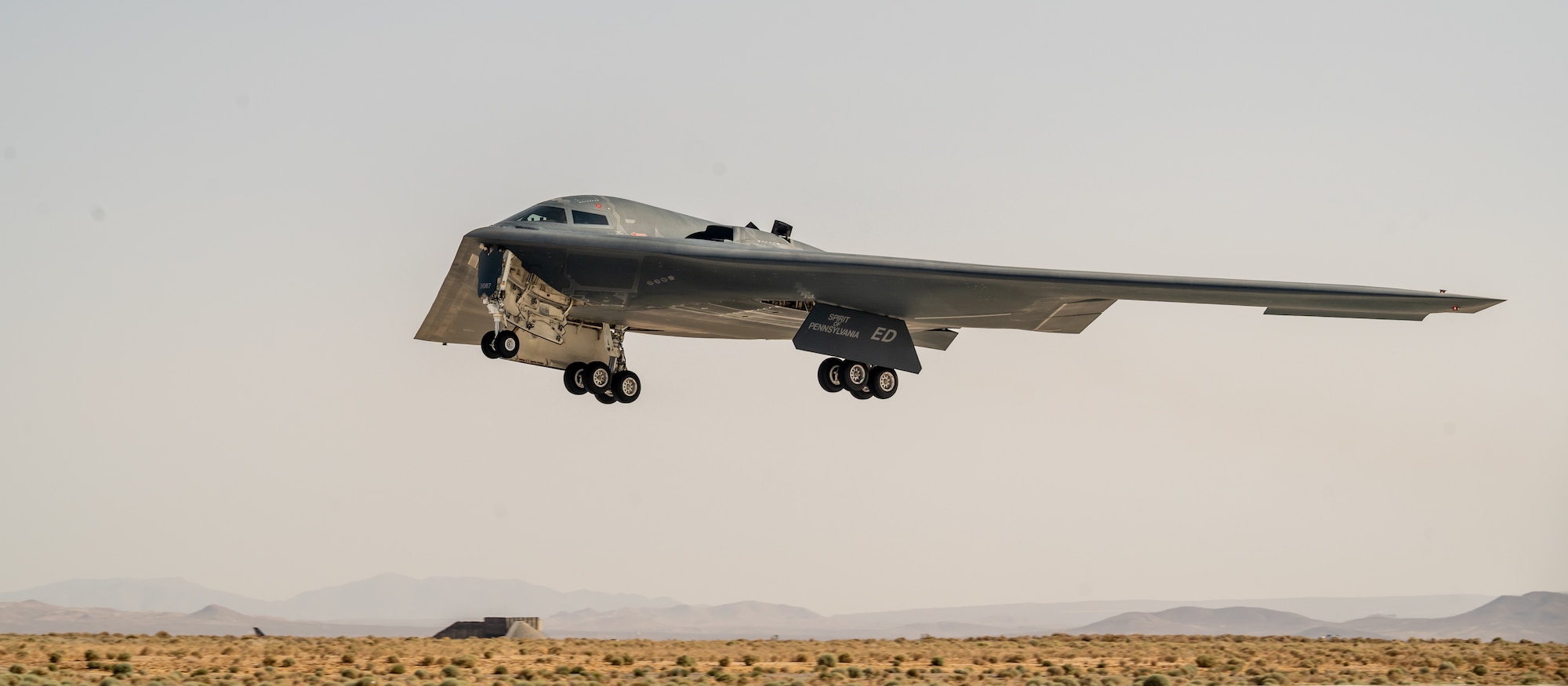 The B-2 Spirit of Pennsylvania takes off from Edwards Air Force Base, California, enroute to Whiteman Air Force Base, Missouri, June 14, for maintenance. (Air Force photo by Giancarlo Casem)