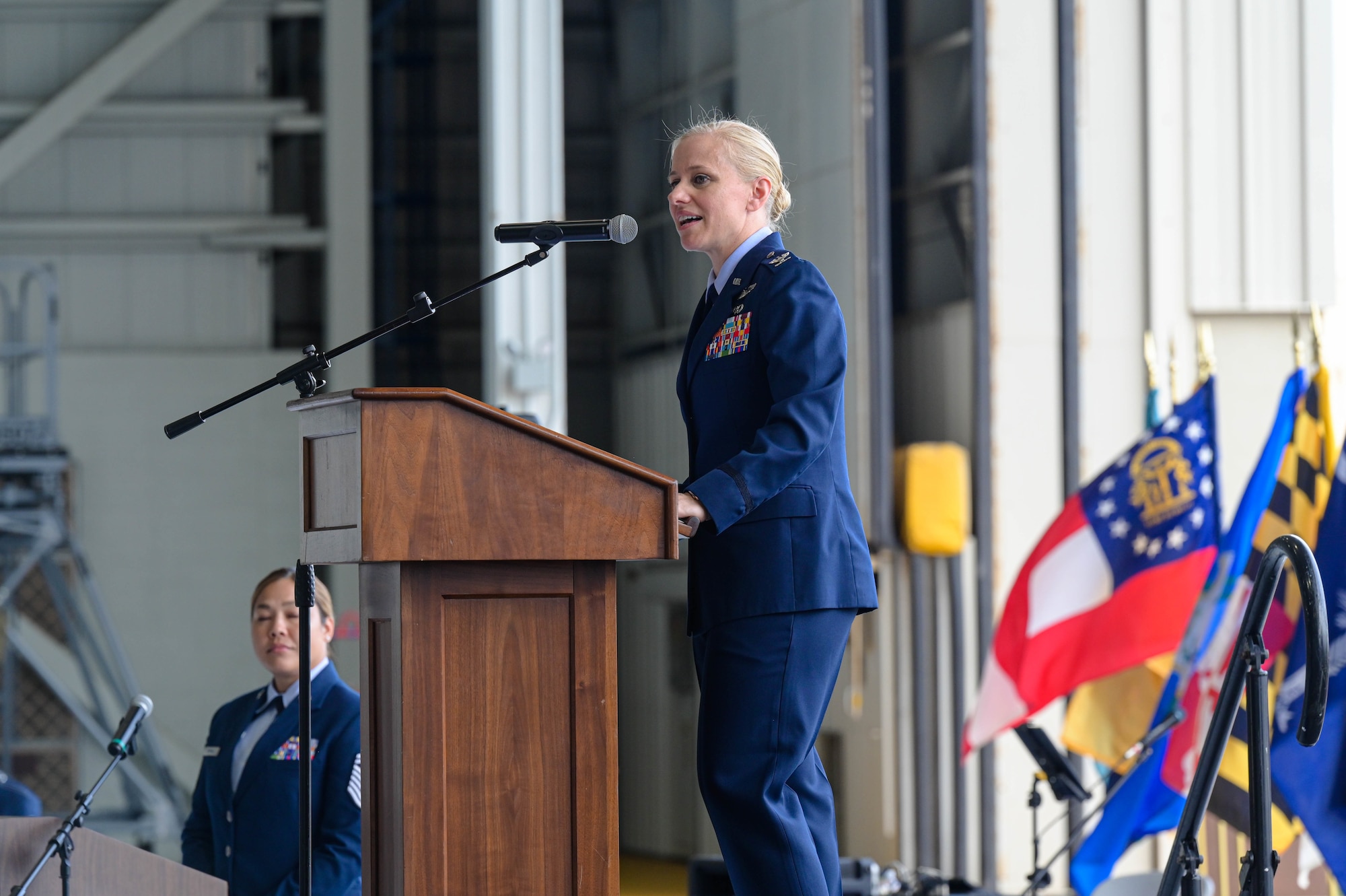Col. Michele A. Lo Bianco, 15th Wing commander, gives her first speech to the 15th Wing after taking command during a change of command ceremony at Joint Base Pearl Harbor-Hickam, July 8, 2022. Lo Bianco previously served as the Operations Group commander at Joint Base McGuire-Dix-Lakehurst, N.J., prior to her command at Hickam. (U.S. Air Force photo by 1st Lt. Benjamin Aronson)