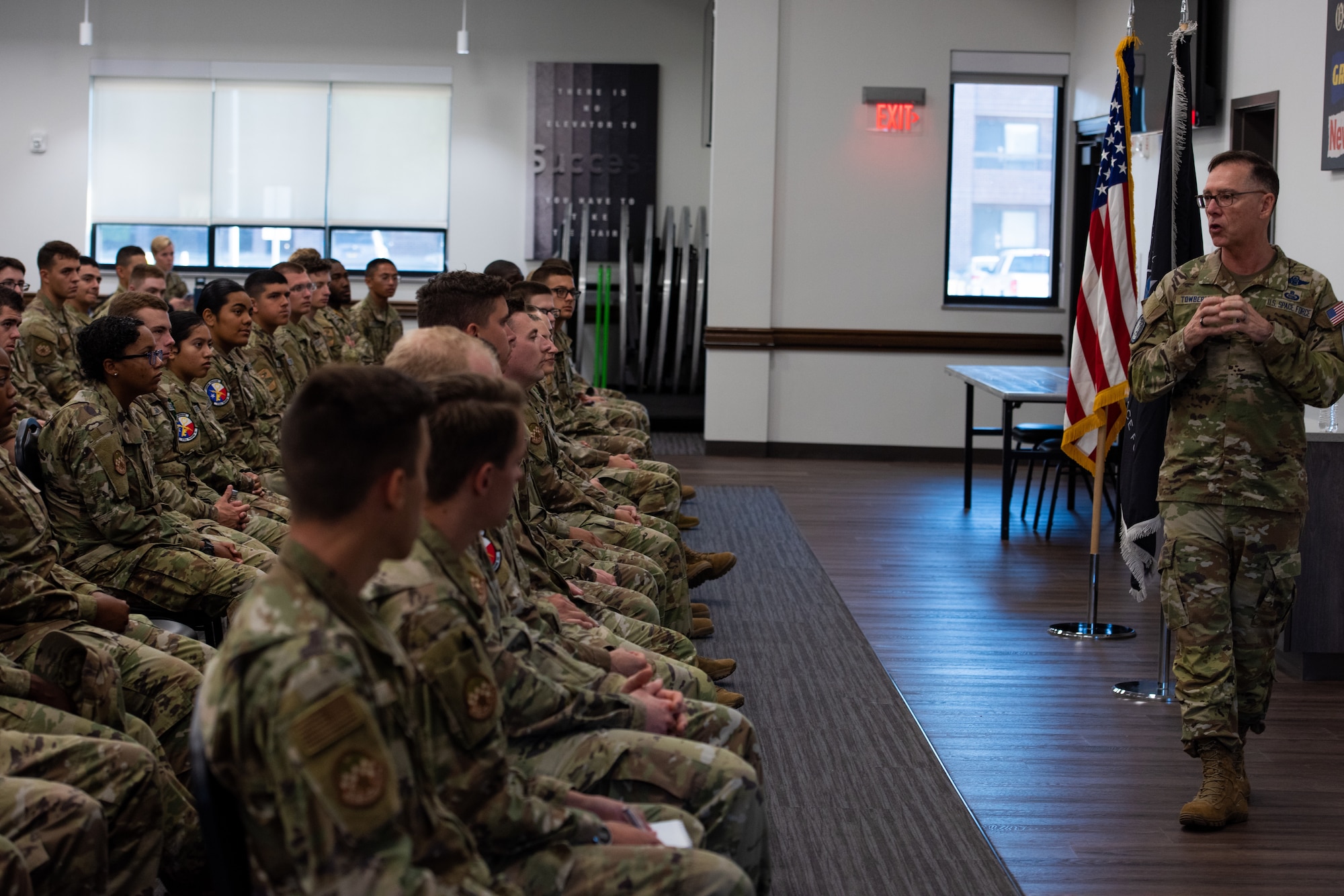 Chief Master Sergeant of the Space Force Roger A. Towberman speaks to a crowd of students from both the Air and Space Forces, at Goodfellow Air Force Base, Texas, July 8, 2022. Chief Towberman emphasized the importance of creating a strong bond between Guardians in the technical training environment. (U.S. Air Force photo by Senior Airman Michael Bowman)