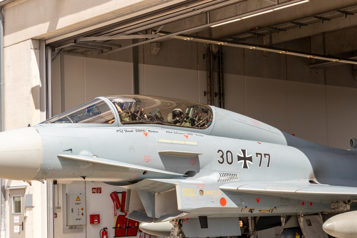 U.S. Air Force Chief of Staff Gen. CQ Brown, Jr. prepares for an orientation flight on a German Air Force Eurofighter Typhoon at Rostock-Laage Airfield, Germany, July 11, 2022. Brown and German Air Chief Lt. Gen. Ingo Gerhartz flew in formation over the Baltic Sea to strengthen ties between the two nations. (German Air Force courtesy photo by Sebastian Thomas)