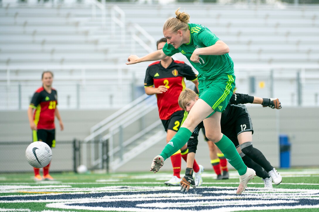 Germany’s Jessica Schlegel scores a goal against Belgium during the 13th CISM (International Military Sports Council) World Military Women’s Football Championship in Meade, Washington July 13, 2022. (DoD photo by EJ Hersom)