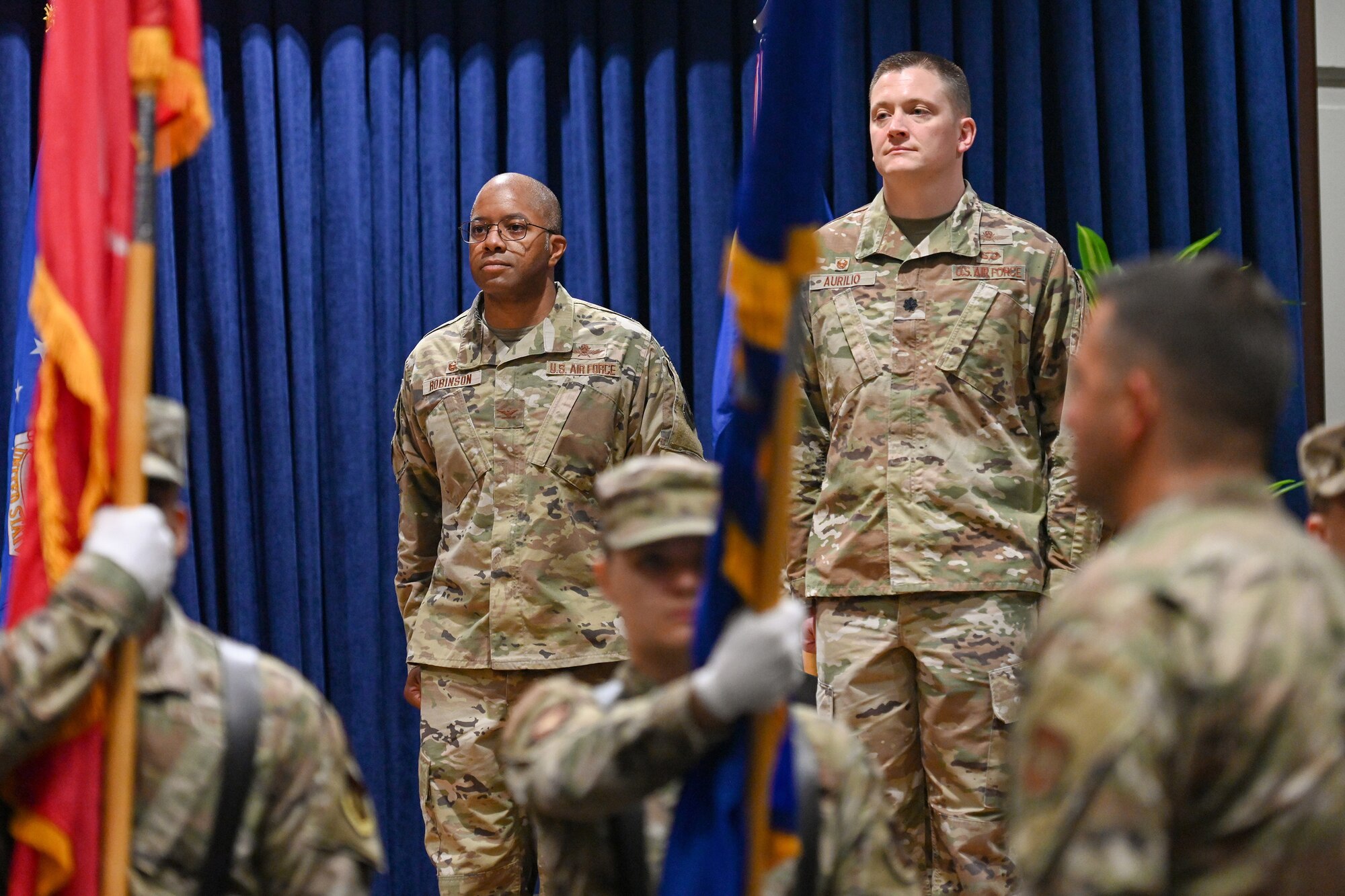 Lt. Col. Marc Aurilio (right), incoming 39th Communications Squadron commander, and Col. Christopher Robinson, 39th Mission Support Group commander, participate in an assumption of command ceremony at Incirlik Air Base, Turkey, June 29, 2022.
