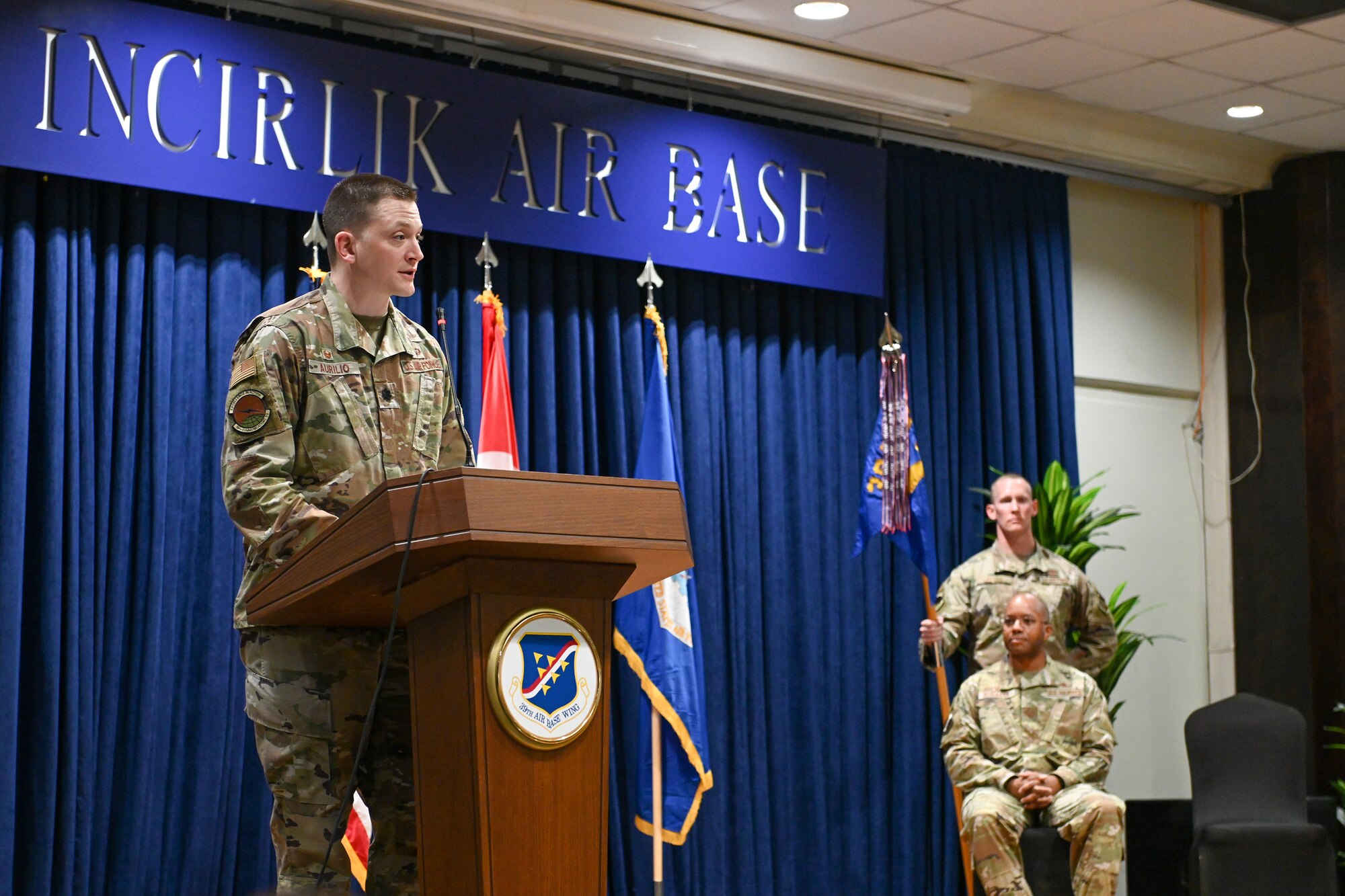 Lt. Col. Marc Aurilio, incoming 39th Communications Squadron commander, gives a speech during an assumption of command ceremony at Incirlik Air Base, Turkey, June 29, 2022.