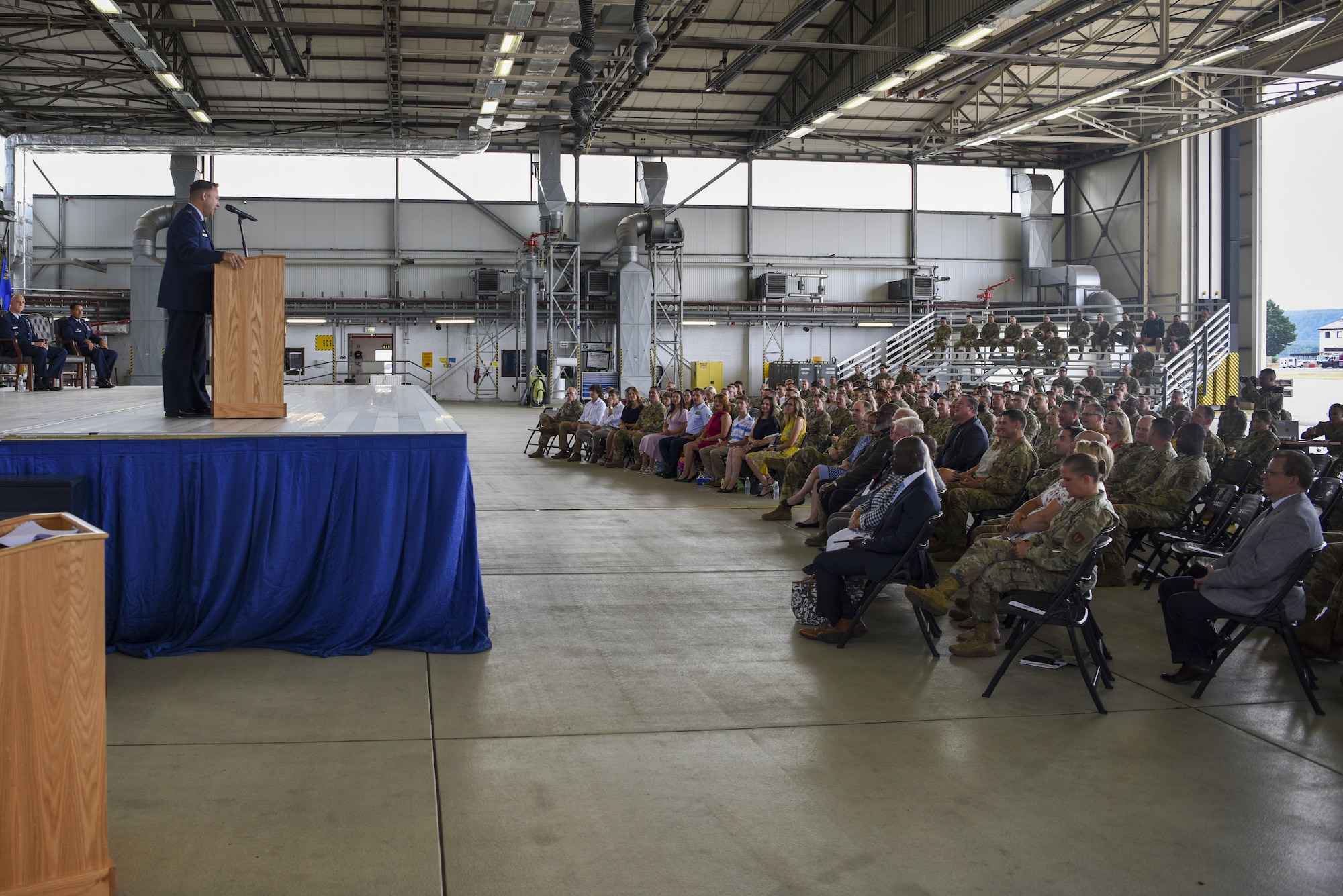 U.S. Air Force Col. Anthony M. Nance, 86th Maintenance Group outgoing commander, gives a speech during the 86 MXG change of command ceremony at Ramstein Air Base, Germany, July 13, 2022.